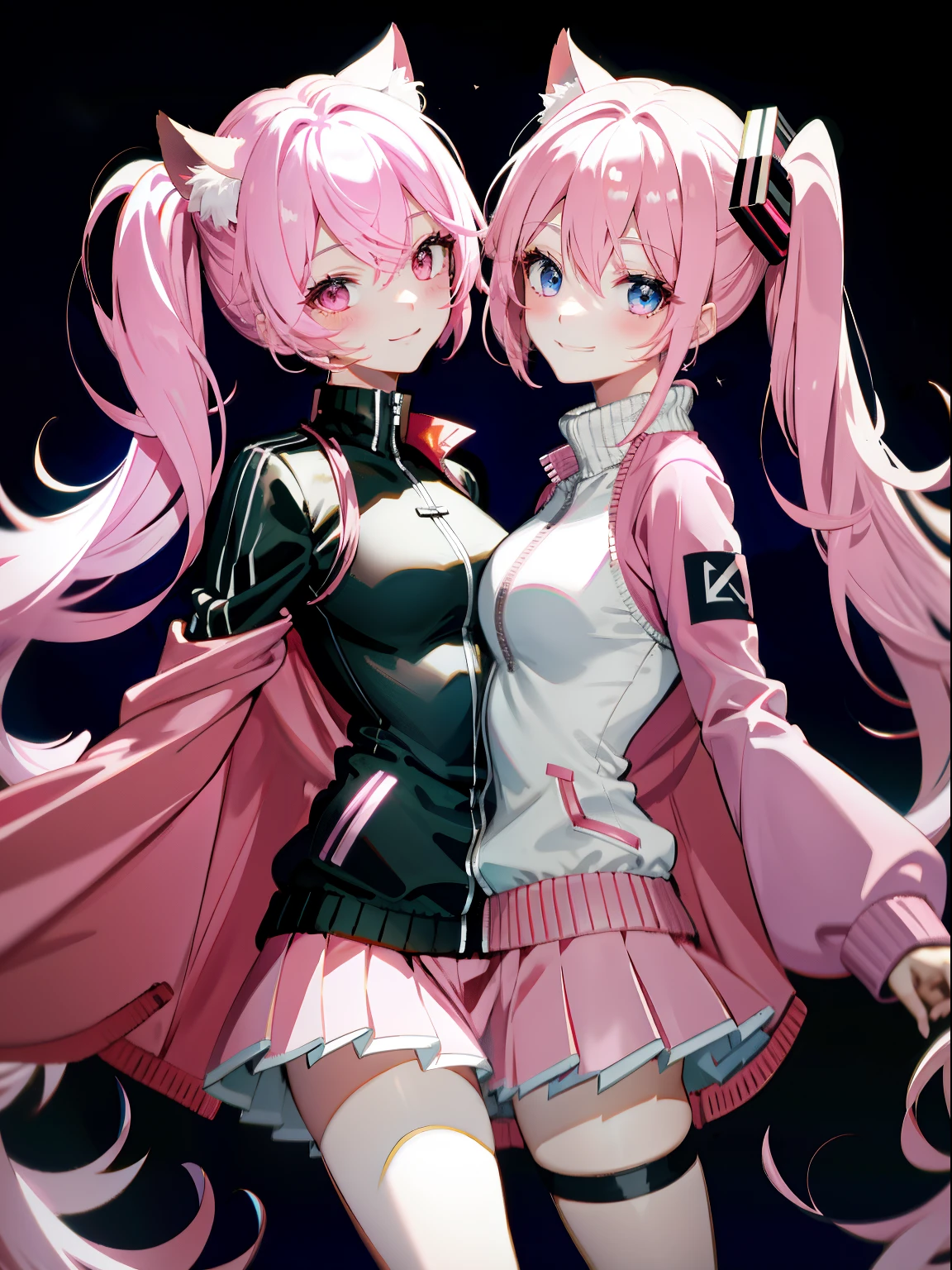 (masterpiece, best quality), best resolution, (2heads:1.5), 1girl, catgirl, blond hair, cat ears, pink eyes, smiling, giggling, friendly, inviting, sakura miku, blue eyes, cube hair ornament, hair between eyes, hair ornament, pink hair, one side up, long hair, BREAK black skirt, jacket, long sleeves, pants, pants under skirt, (pink jacket:1.5), pink pants, pleated skirt, skirt, track jacket, track pants, track suit, BREAK looking at viewer