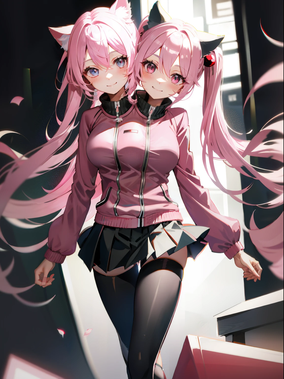 (masterpiece, best quality), best resolution, (2heads:1.5), 1girl, catgirl, blond hair, cat ears, pink eyes, smiling, giggling, friendly, inviting, sakura miku, blue eyes, cube hair ornament, hair between eyes, hair ornament, pink hair, one side up, long hair, BREAK black skirt, jacket, long sleeves, pants, pants under skirt, (pink jacket:1.5), pink pants, pleated skirt, skirt, track jacket, track pants, track suit, BREAK looking at viewer