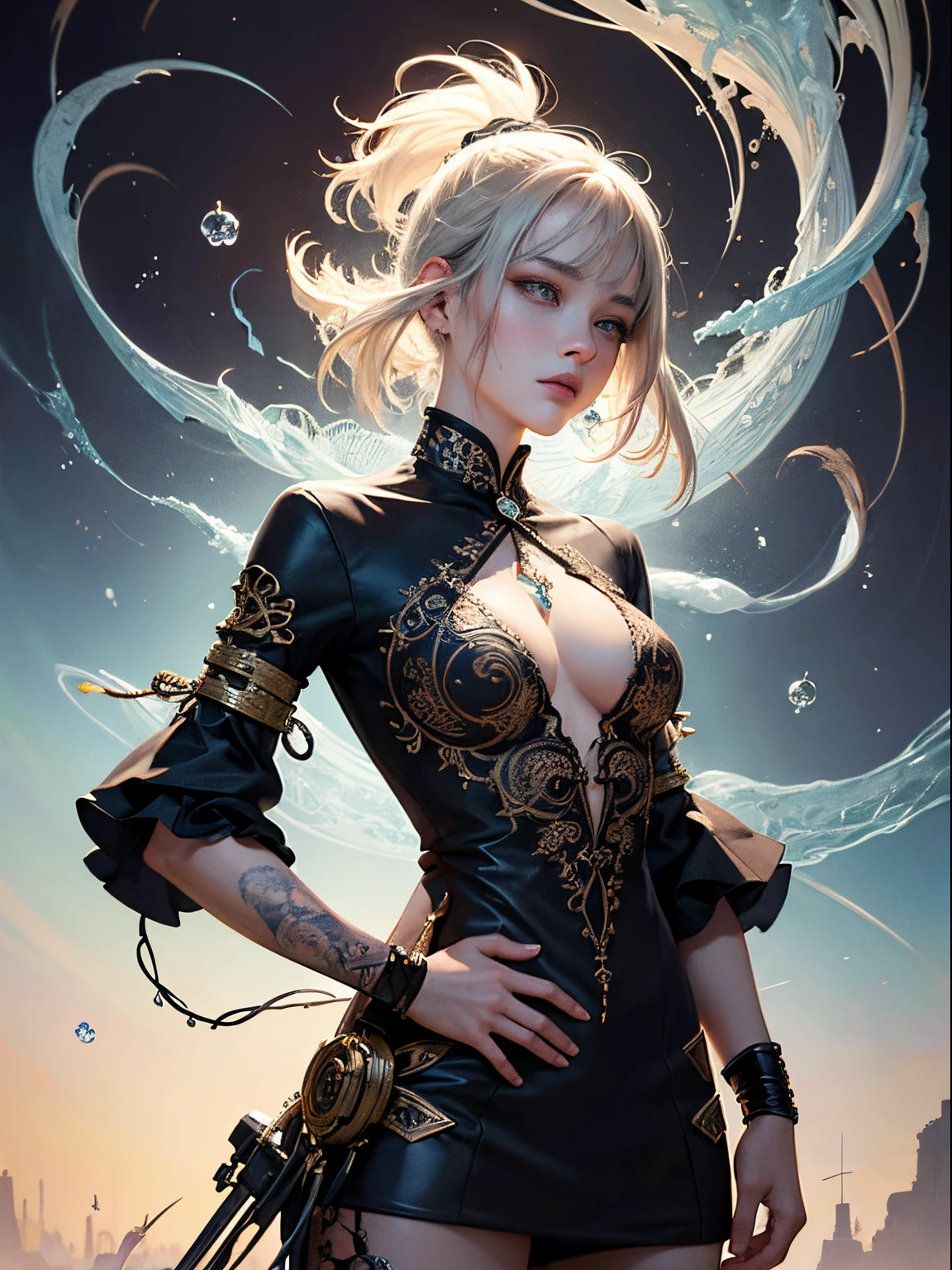 official art, unity 8k wallpaper, ultra detailed, beautiful and aesthetic, masterpiece, best quality, (zentangle, mandala, tangle, entangle), (fractal art:1.3) , 1girl, extremely detailed, dynamic angle, cowboyshot, the most beautiful form of chaos, elegant, a brutalist designed, vivid colours, romanticism, by james jean, roby dwi antono, ross tran, francis bacon, michal mraz, adrian ghenie, petra cortright, gerhard richter, takato yamamoto, ashley wood, atmospheric, ecstasy of musical notes, streaming musical notes visible