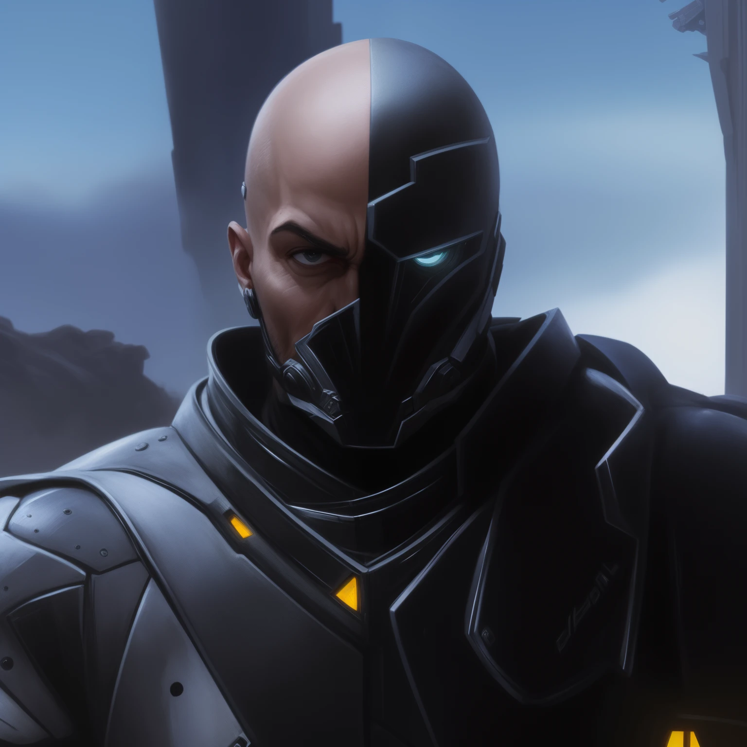 homem arafiado em um terno futurista com capacete, metabaron, inspirado em Rajmund Kanelba, face of an armored villian, Anfas Retrato de um guerreiro Mech, Turian, Baptiste de Overwatch, vestido com armadura furtiva, clothed in sci-fi military armor, bald head and menacing look, Foco da armadura no rosto, Balaskas