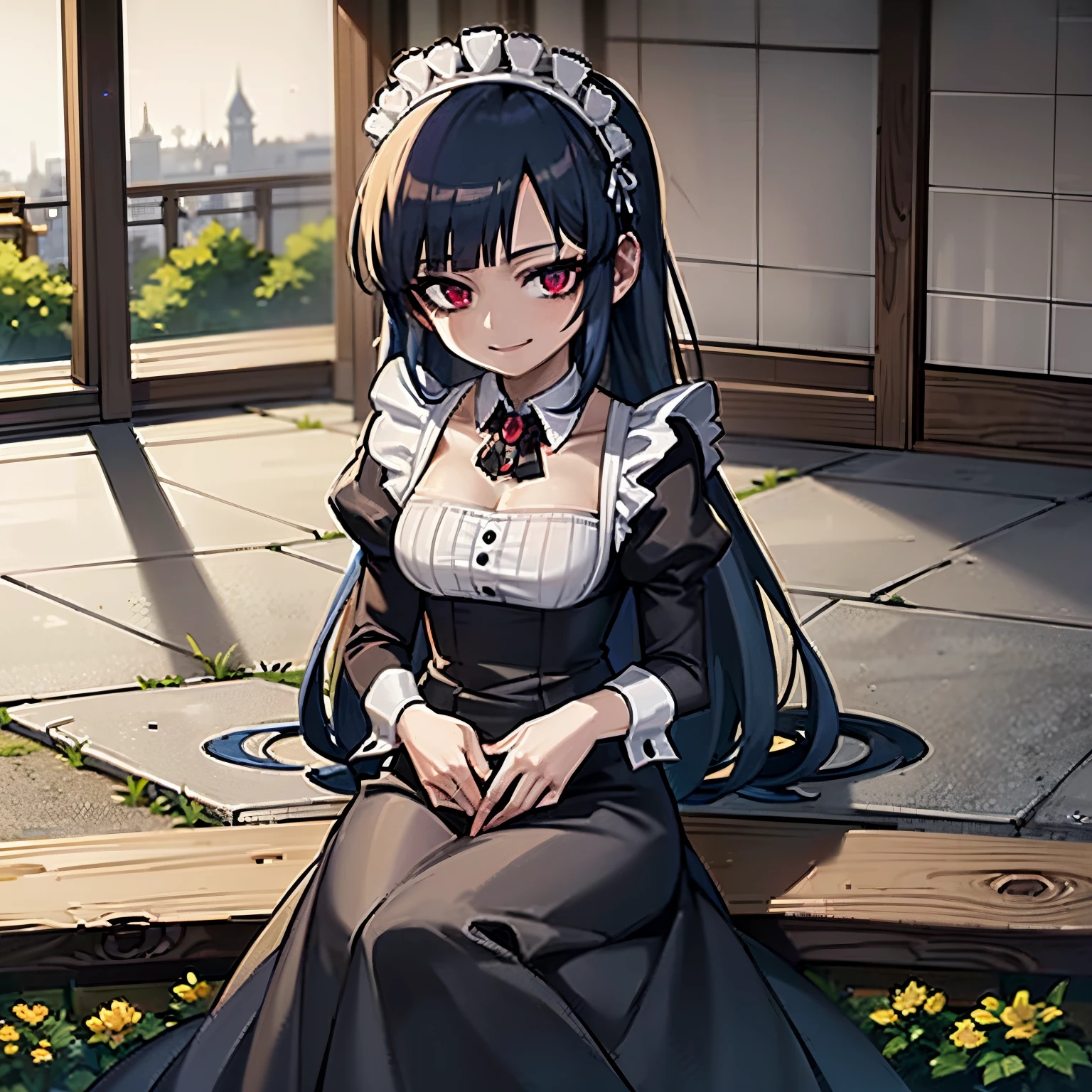 ung woman, anime, dark blue hair, red shinning eyes, maid dress, black dress, smiling, in a garden, night, blue moonlight, castle in island behind, beautiful atmosphere, 4k, masterpiece, highlights