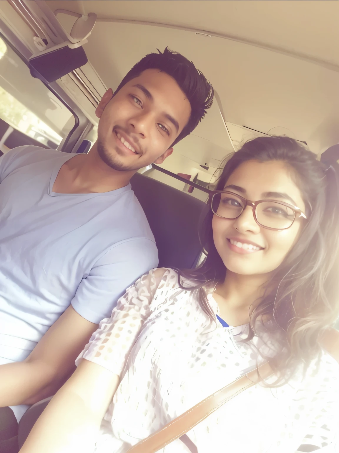 there are two people sitting in a bus together, lovely couple, candid picture, in love selfie, with lovely look, jayison devadas, selfie photo, candid photo, back to us, desaturated!!, profile picture, happy couple, with her long, selfie!!!!!, with a happy expression, student, photo taken in