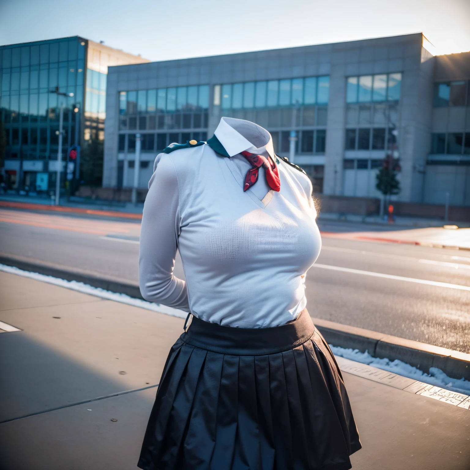 (chubby, fat), school uniform, in winter, school tie, in university, (cute pose), (invisible, no humans, headless, faceless:1.5), (cute big breasts), (close-up shot of hip), (8k, RAW photo, best quality, masterpiece:1.2), (realistic, photo-realistic:1.37), photon mapping, radiosity, ((Hasselblad photography)), physically-based rendering