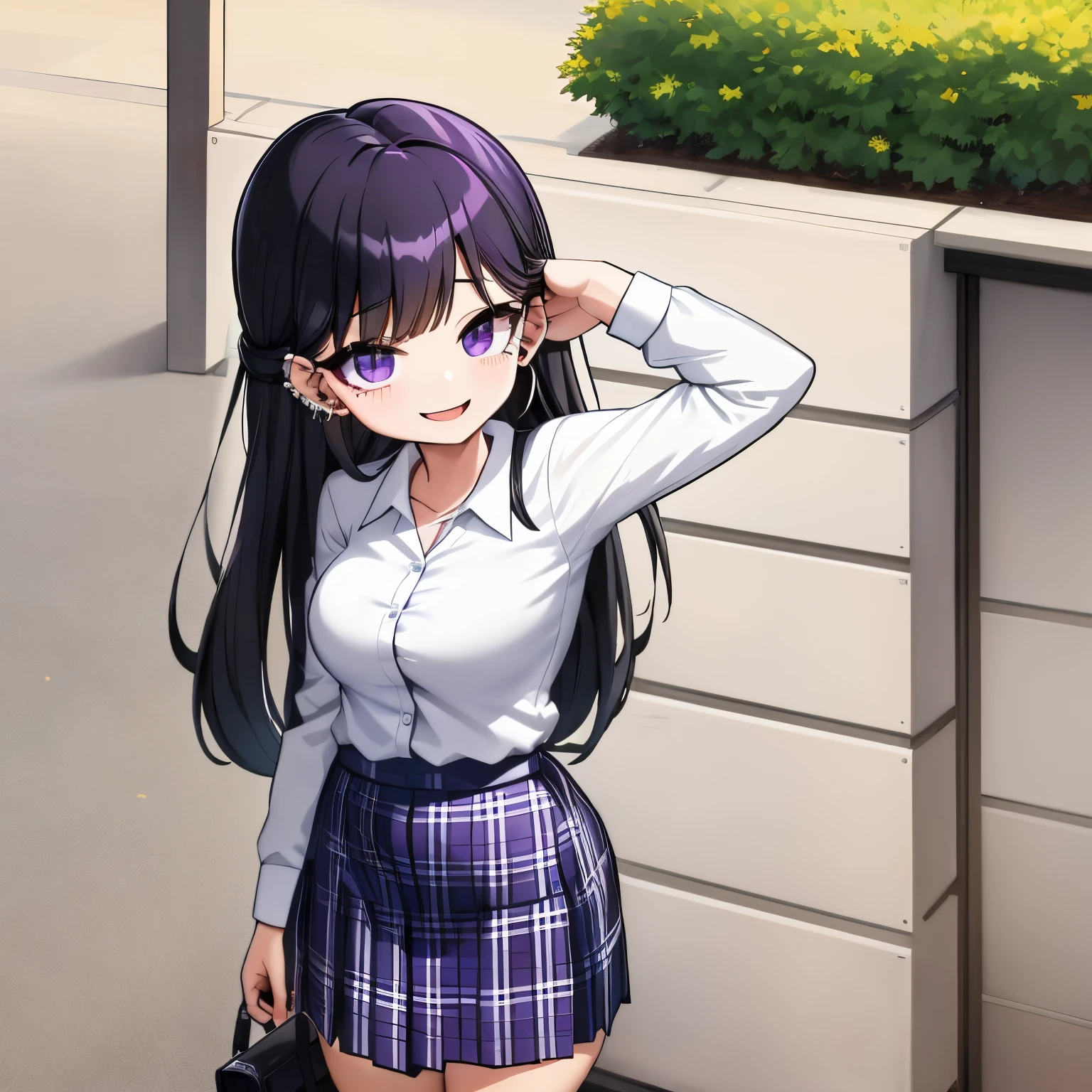 Young girl, black hair, assymetric hair, symetric bangs,japanese student outfit, dark green plaid skirt, nose and ear piercings, purple highlights in hair, bulging eyes, happy expression, in one school, japanese school, 4k, masterpiece, Anime, HD,