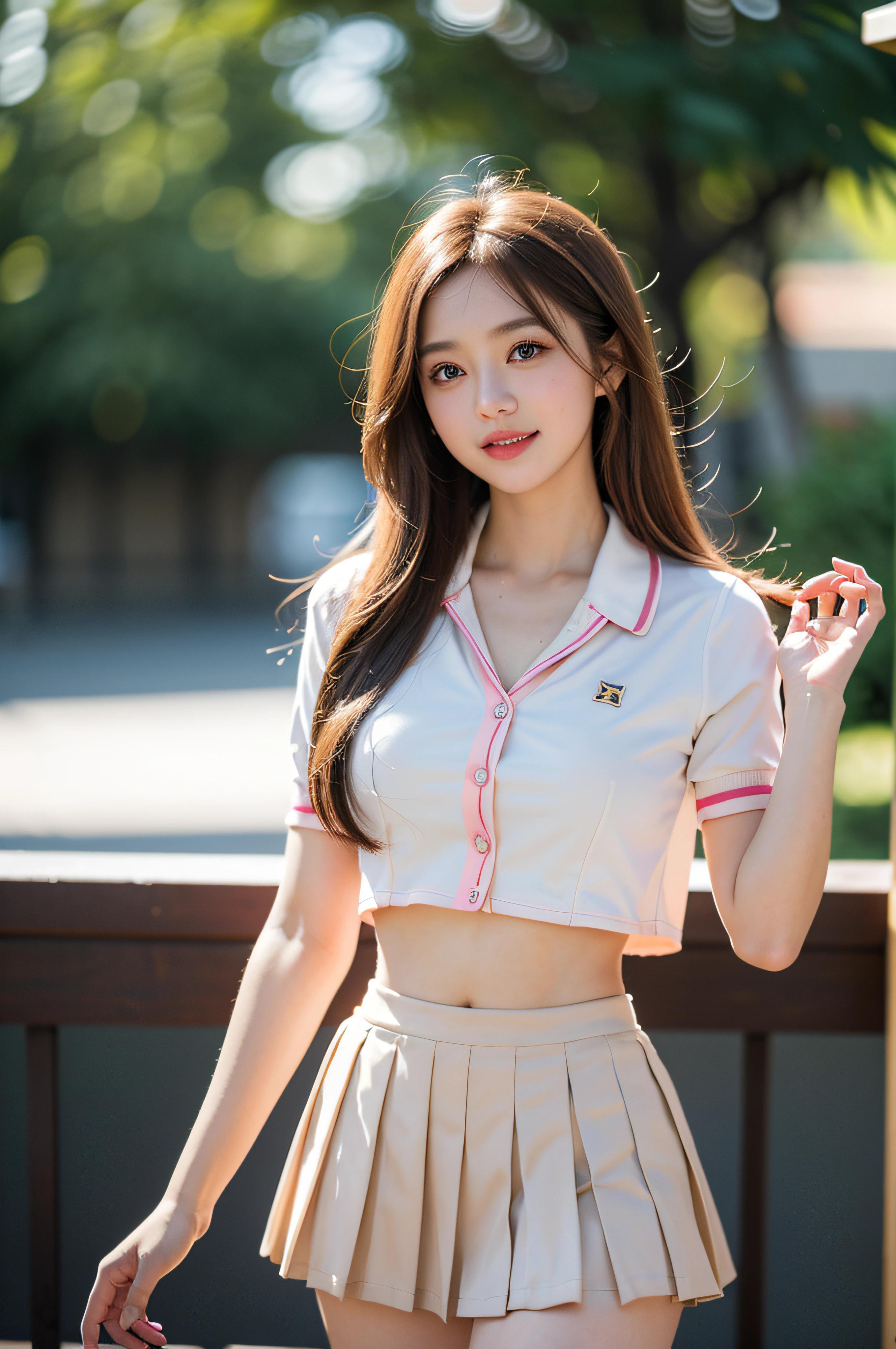 a blond、a smile、((2girls)), ((Best Quality)), (Ultra-detailed), (extremely detailed CG unified 8k wallpaper), Highly detailed, High-definition raw color photos, Professional Photography, Brown hair, Amazing face and eyes, Pink eyes, (High School Uniform, Pleated mini-skirt:1.3), (High school uniform with wide open chest:1.35), Beautiful big breasts, bared chest, (amazingly beautiful girl), (((Bokeh))), depth of fields,