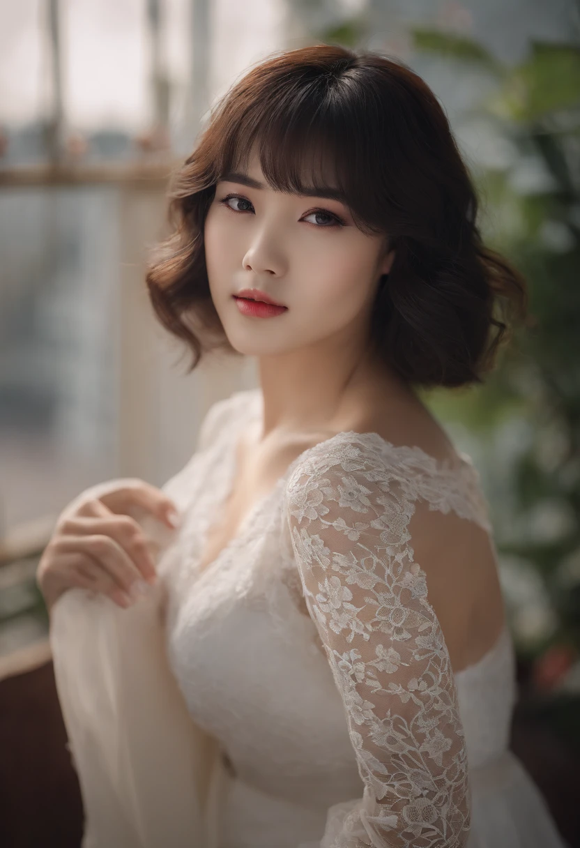Chinese girl VN02, Shot on a Nikon Z7 II mirrorless camera,120 mm F/4 Wide angle Best quality, Masterpiece, Ultra detailed, Short white skirt,Grey Stockings, rendering by octane, Beautiful detailed eyes, ultra detailed hair,The skin has a spotted spot, Graceful,Charming, A plump chest, Transparent lace,Sexy, Seductive , Delicate short hair , Exposed cleavage