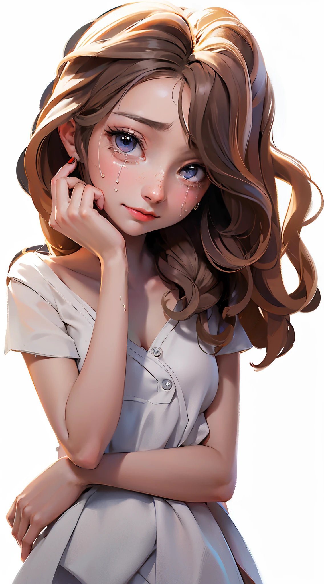 A beautyful girl，Tears welled up in his face，messy  hair，Purple hair，Long hair，grinning and crying，Blurred eye makeup，Crying while rubbing eyes with hands，Tears welled up、 aggrieved look，weeping，grieves，Flowing hair，tmasterpiece, Best quality at best, high qulity, k hd, High quality texture, Highqualityshadow, high detal, Beautifully meticulous, Fine and detailed, extremely detremely detailed CG, Detailed texture, realistic facial expressions, actual, Colorful , Exquisite, 电影灯光, Sideslit, lens flare glow, Ray traching,Beautiful and delicate face with tail, Delicate beautiful and delicate eyes,