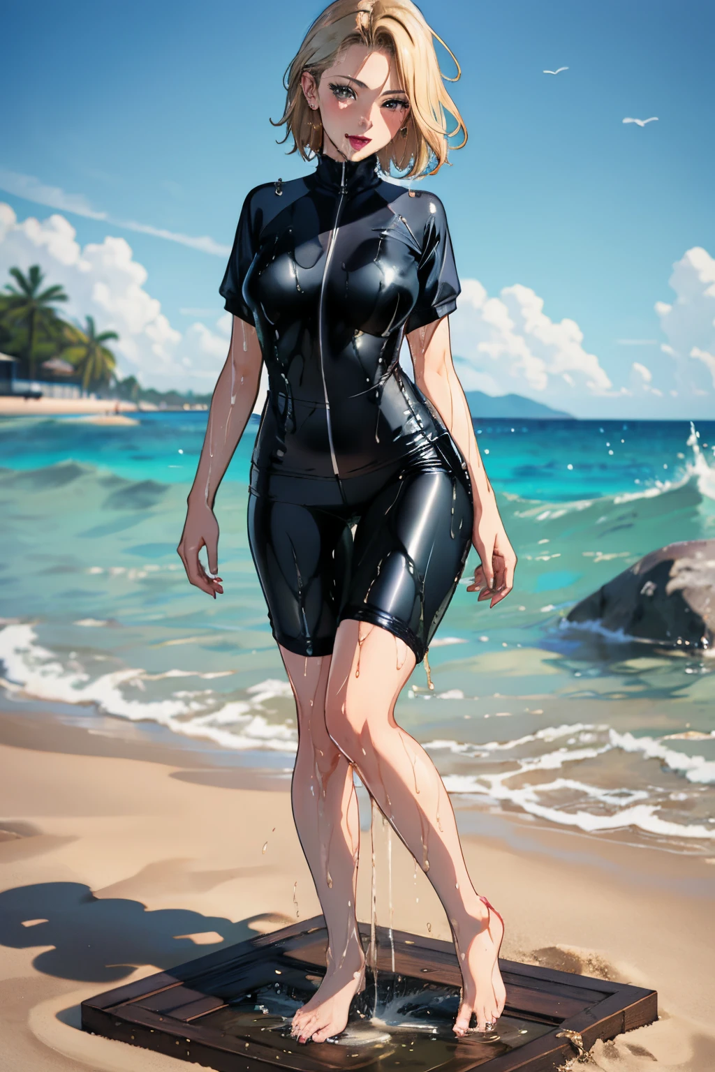highres, beautiful women, tanned gyaru, blonde hair, high detail, lewd, hentai, ((shiny wet spandex short-sleeved cycling suit)), ((wet clothes)), ((soaking wet)), ((wetlook)), bare thighs, nice legs, ((wetting herself)), (peeing herself), peeing stain, large puddle, thick thighs, nice long legs, lipstick, detailed face, pretty face, seductive face, aroused, sexually excited, full body shot, ((in the ocean at public beach))