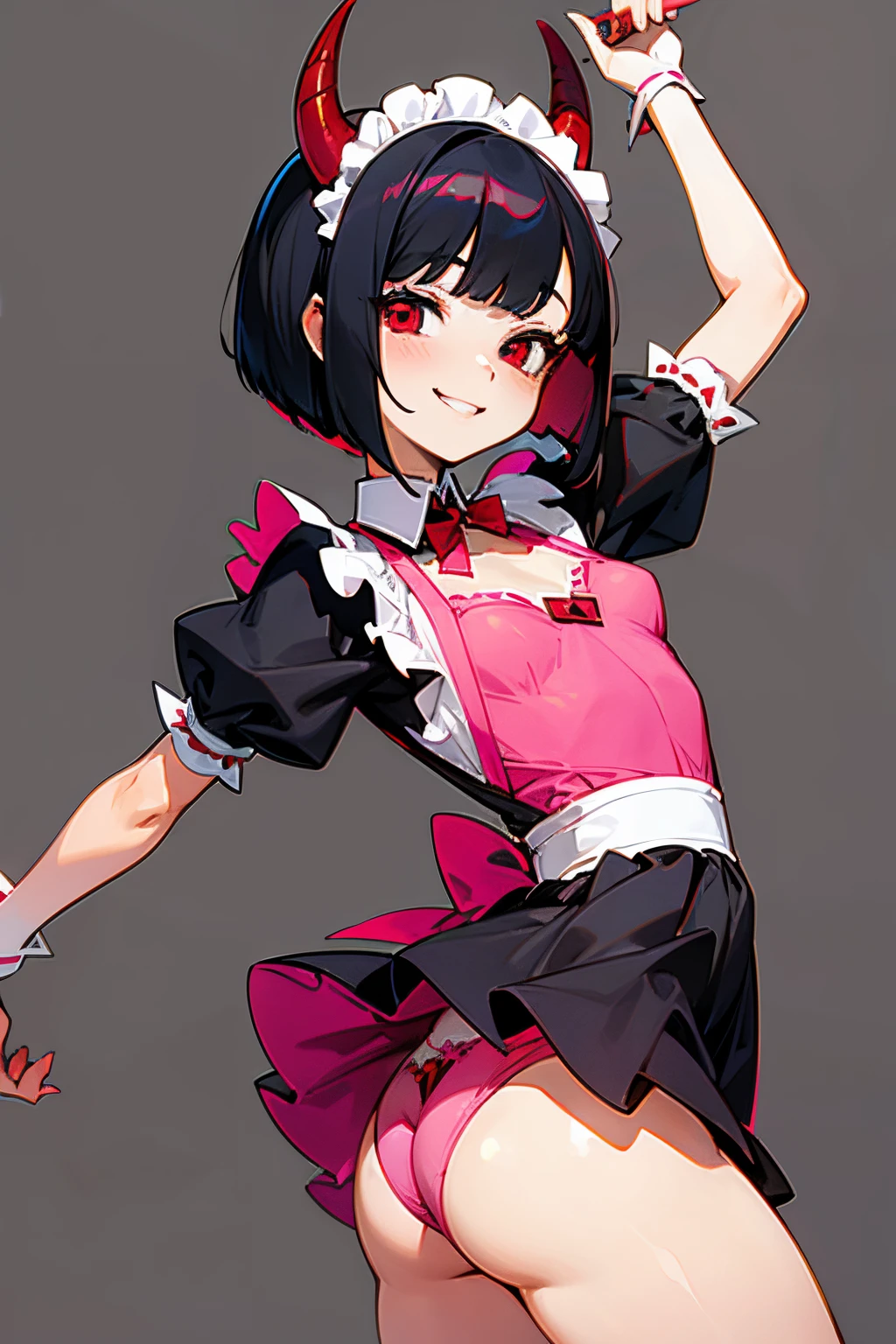 redraw, 1girl, , maid outfit, pink panties, ass, red eyes, bob cut, black hair, small breasts, thighs, grin, red horns