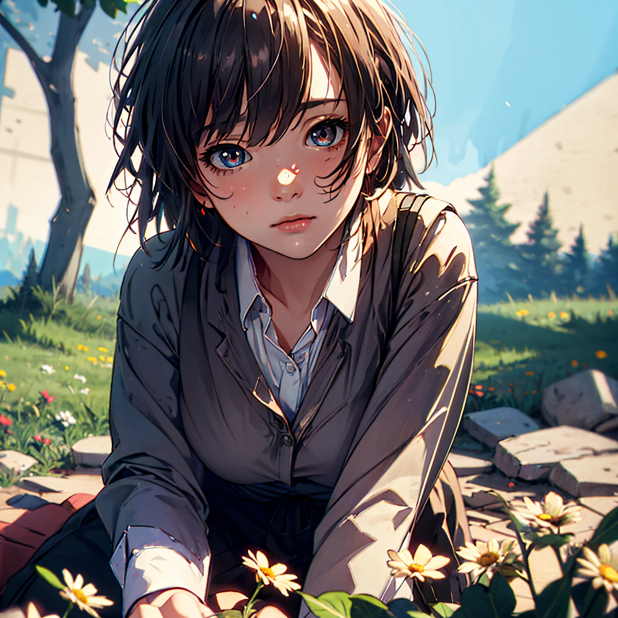 girl, sitting, side shot, (sky:1.3), (masterpiece, best quality, perspective, depth of field:1.5), flowers, rocky mountain, woods, beautiful face, thighs, from below, 8k, raw photo, absurdres, impressionism, (Tom Thomson, Claude Monet, Joaquín Sorolla, James Wilson Morrice, John Fabian Carlson, Hugh Henry Breckenridge:0.8), HDR, photorealistic, film grain, chromatic aberration, highres, ultra detailed, finely detail, dynamic lighting, dramatic lighting, shadow, sharp focus, extremely detailed eyes and face, sharp pupils, realistic pupils