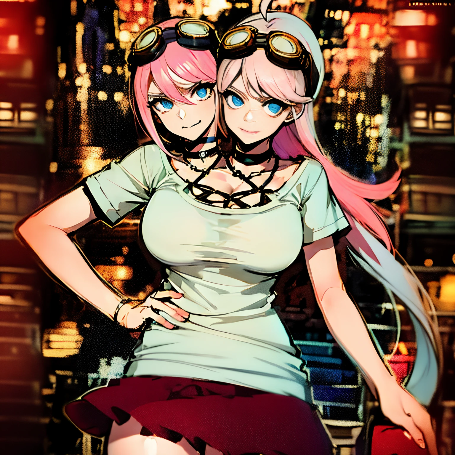 (masterpiece, best quality), best resolution, (2heads:1.5), 1girl, adult, cowboyshot, perfect anatomy, 1girl, perfect face, expressive eyes, perfect eyes, large bust, large breasts, long hair, goggles, miuiruma, miu iruma, ahoge, pink hair, blue eyes, goggles, goggles on head, long hair, BREAK, choker, graphic t-shirt, skirt, annoyed, BREAK looking at viewer,