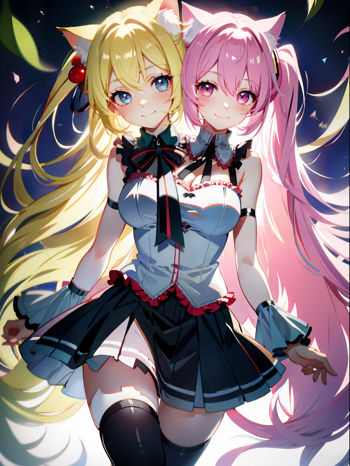 (masterpiece, best quality), best resolution, (2heads:1.5), 1girl, catgirl, blond hair, cat ears, pink eyes, smiling, giggling, friendly, inviting, sakura miku, blue eyes, cube hair ornament, hair between eyes, hair ornament, pink hair, one side up, long hair, BREAK black skirt,