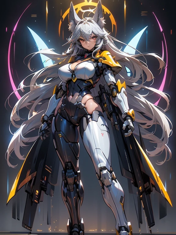(masterpiece), (best quality:1.4), (perfect anatomy:1.4), high quality, expressive eyes, full body, tall girl, detailed face, beautiful face, perfect face, breasts, cleavage, gloves, huge breasts, cyberpunk, (black armor), long hair, ((tanned skin)), straight hair, detailed (ash gray hair), detailed eyes, (yellow eyes), fox ears, fox tail, hourglass physique, bodysuit, thick thighs, toned, emblem, superhero, dynamic lighting, 4k resolution, dynamic pose, cover, mecha musume, fortified suit, mechanical parts, headgear, robot joints, bodysuit, deva battle suit, glove