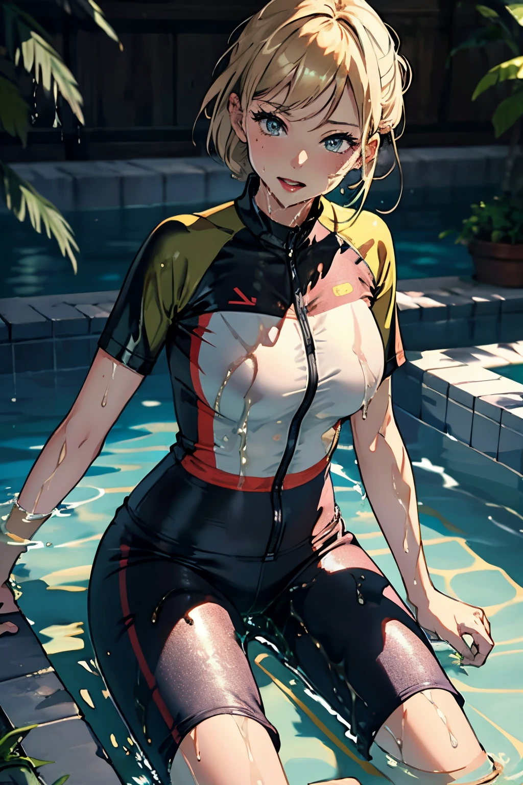 highres, beautiful women, tanned gyaru, blonde hair, high detail, lewd, hentai, ((shiny wet spandex short-sleeved cycling suit)), ((wet clothes)), ((soaking wet)), ((wetlook)), bare thighs, ((wetting herself)), (peeing herself), peeing stain, large puddle, thick thighs, nice long legs, lipstick, detailed face, pretty face, seductive face, aroused, sexually excited, full body shot, ((in water bathing))