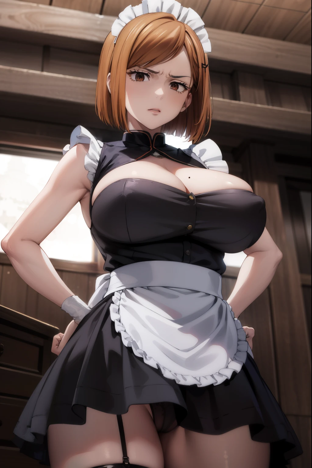 (masterpiece), (best quality), (ultra-detailed), (best illustration), (best shadow), (absurdres), nobarakugisakinova, 18yo,short hair, orange hair, brown eyes, kugisaki nobara, Mole under the outer edge of the eye, large breasts, cleavage,(Maid clothes:1.2), navel,black ultra miniskirt, (sexy pose:1.2),from below,angry,shrine background,