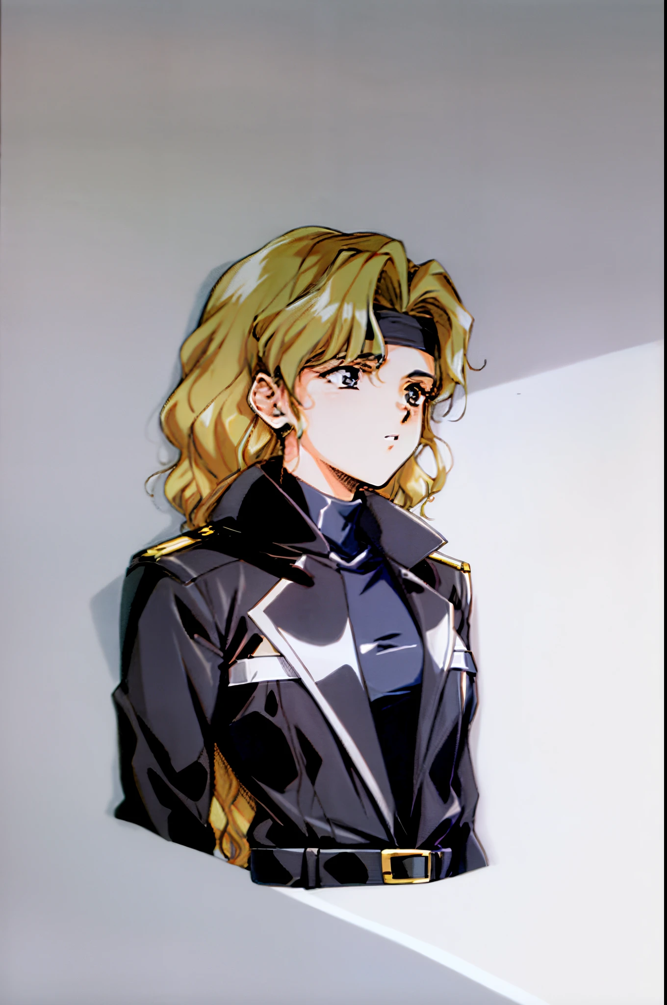,urushihara satoshi, 1980's anime style, character designs,highly detailed,flat color,best quality,masterpiece,dept of field,urushihara satoshi,1girl,full body,1980s \(style\),80s anime, ,((masterpiece)),(((best quality))),(character design sheet,same character,front,side,back), 1girl, solo,ear gear,blonde curly long hair,long coat jacket,,strong leadership character,she is commander,black military jacket,retro artstyle,masterpiece,bestquality,top quality,ultra highly , concept art, character sheet, (simple background, white background: 1.3),(black outfit:1.4),head band,asian eyes,beautiful eyes,best shadow,(((sharp eyes))),upper body,(girl:1.3),(determined:1.2),