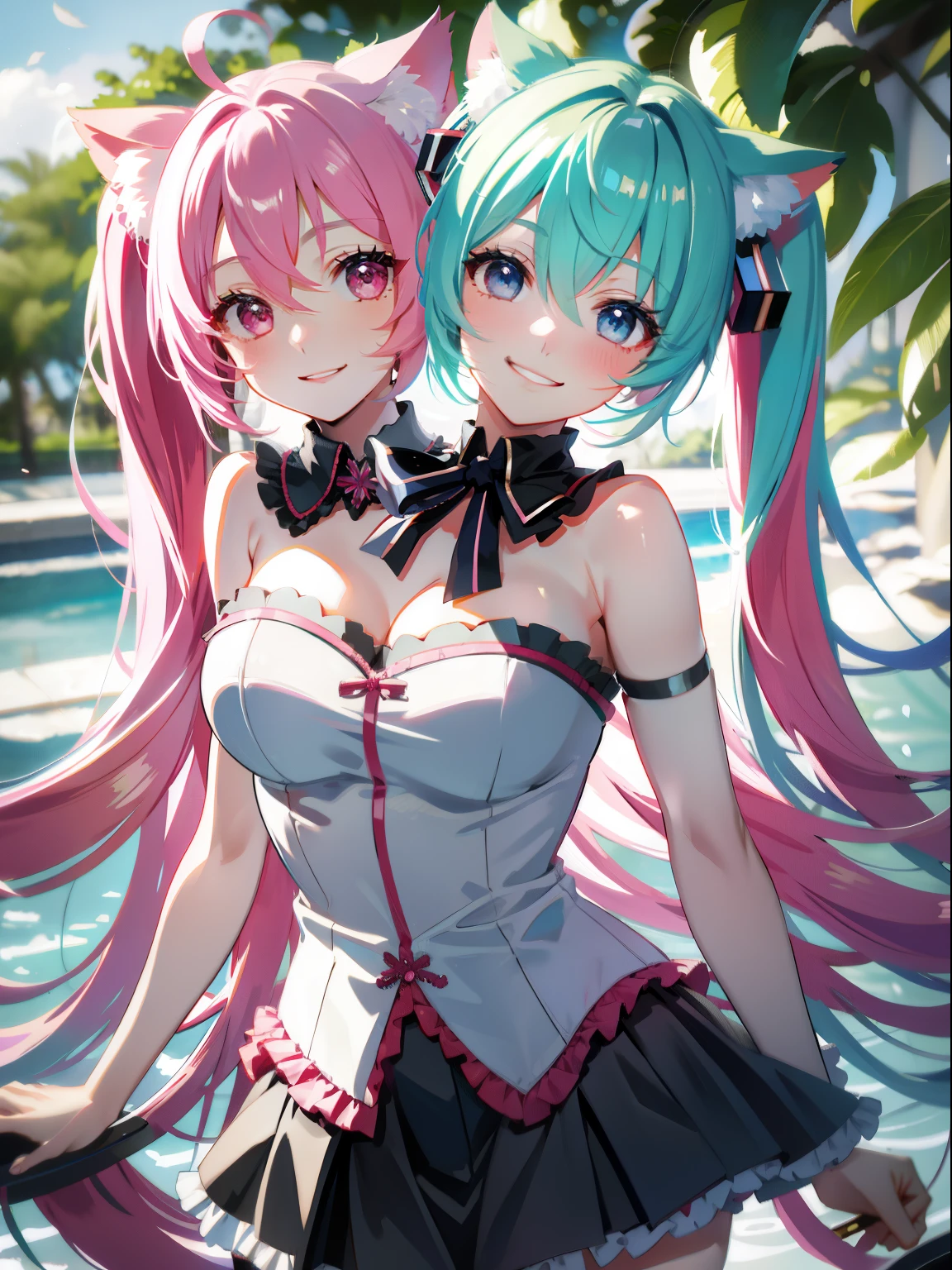 (masterpiece, best quality), best resolution, (2heads:1.5), 1girl, catgirl, blond hair, cat ears, pink eyes, smiling, giggling, friendly, inviting, sakura miku, blue eyes, cube hair ornament, hair between eyes, hair ornament, pink hair, one side up, long hair, BREAK black skirt,