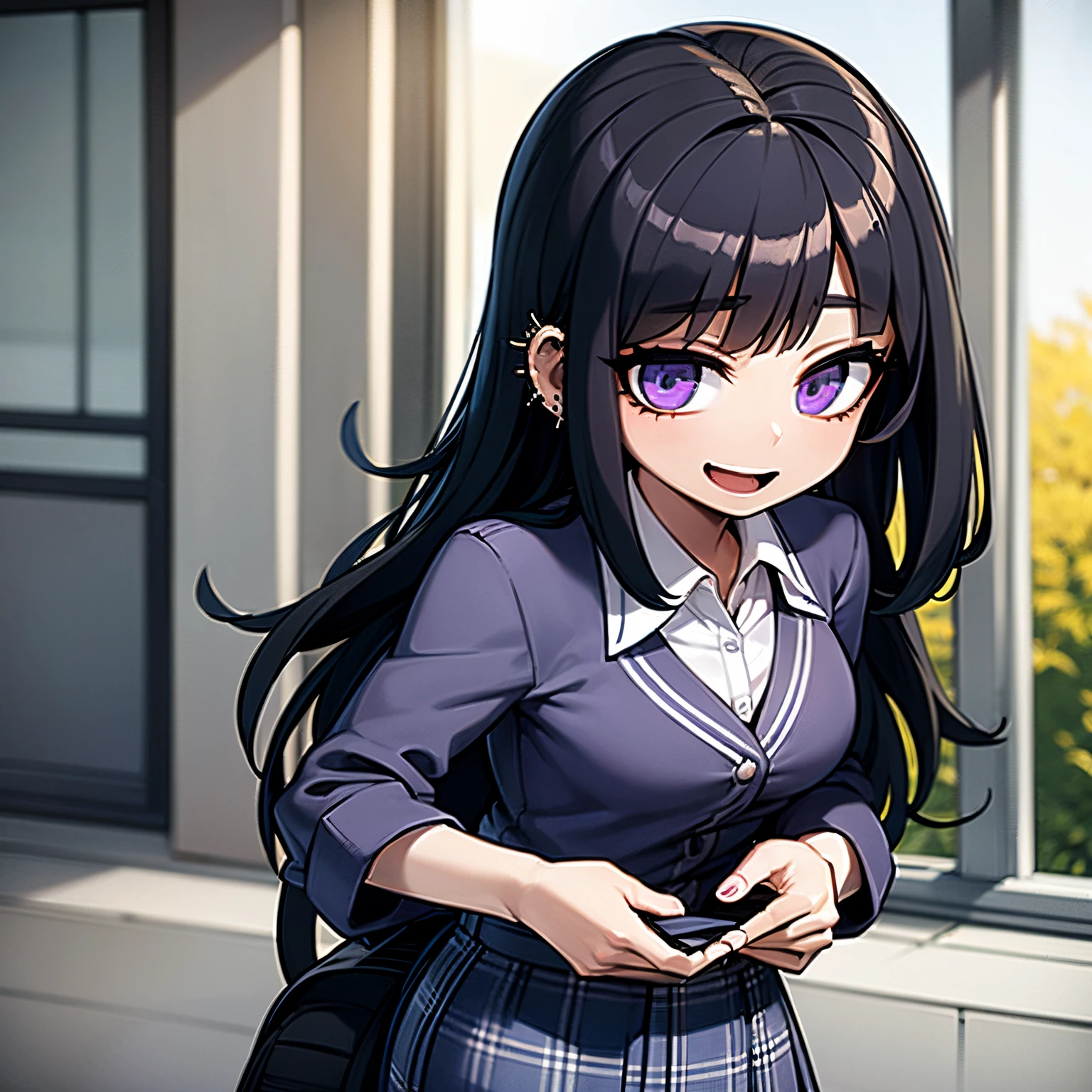 Young girl, black hair, assymetric hair, symetric bangs,japanese student outfit, dark green plaid skirt, nose and ear piercings, purple highlights in hair, bulging eyes, happy expression, in one school, japanese school, 4k, masterpiece, Anime, HD,