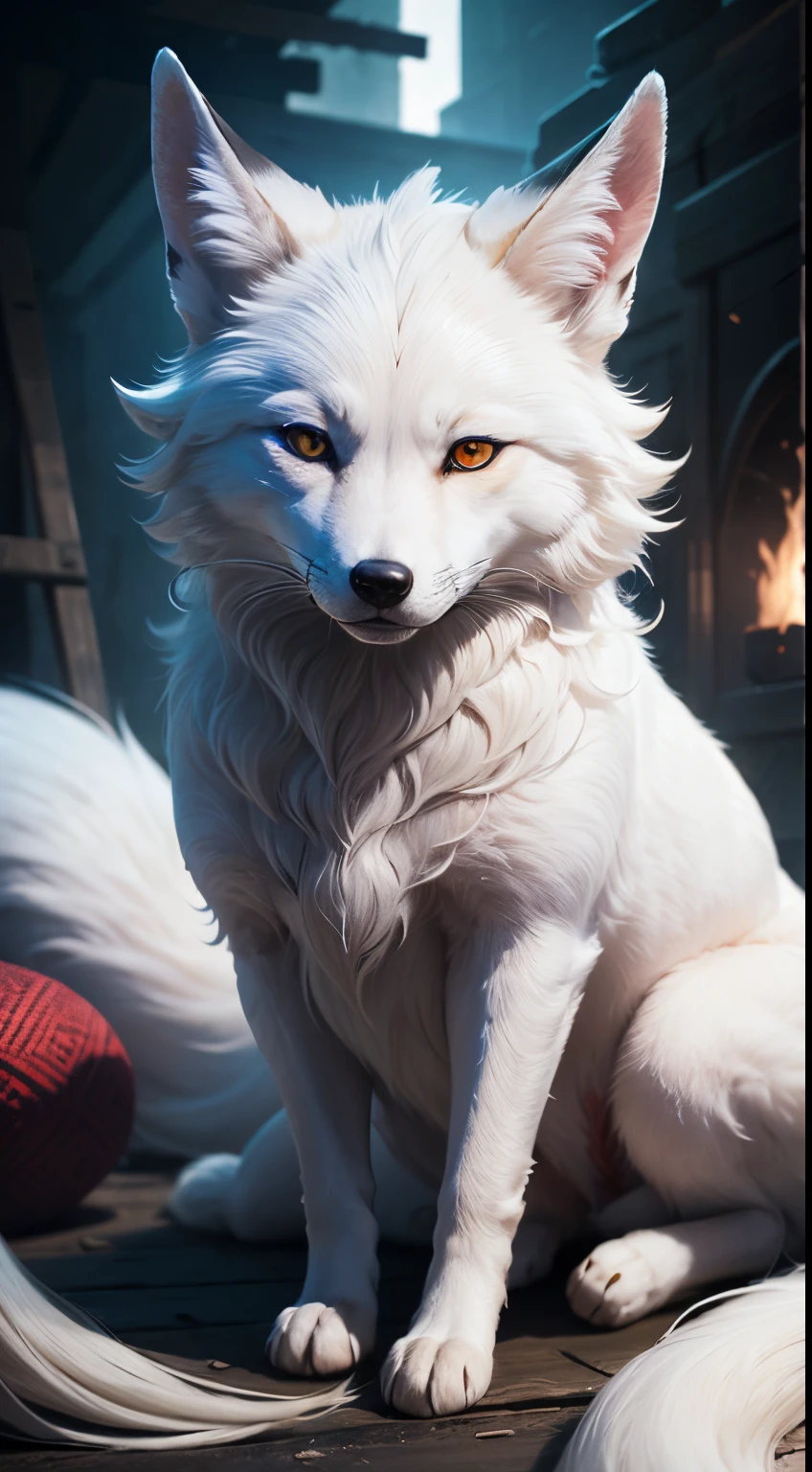 A mythical white fox with nine tails, looking directly at viewer,white with some red tattoos