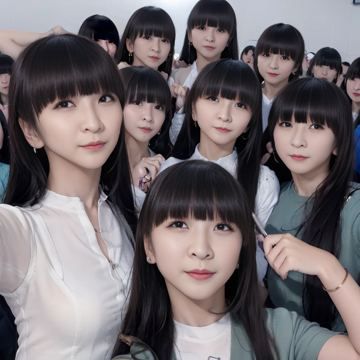 a picture、(((multiple girls))),((((6+girls)))),((((100girls)))),(((1000girls)))、((((100 Girls))))、(((crowd shot))),Women only、The same face、matching school uniform、************、Long black hair、100 cute girls、ssmile、Selfie stick、‎Classroom、Raw photo、(((Large group)))、a junior high school student,during daytime