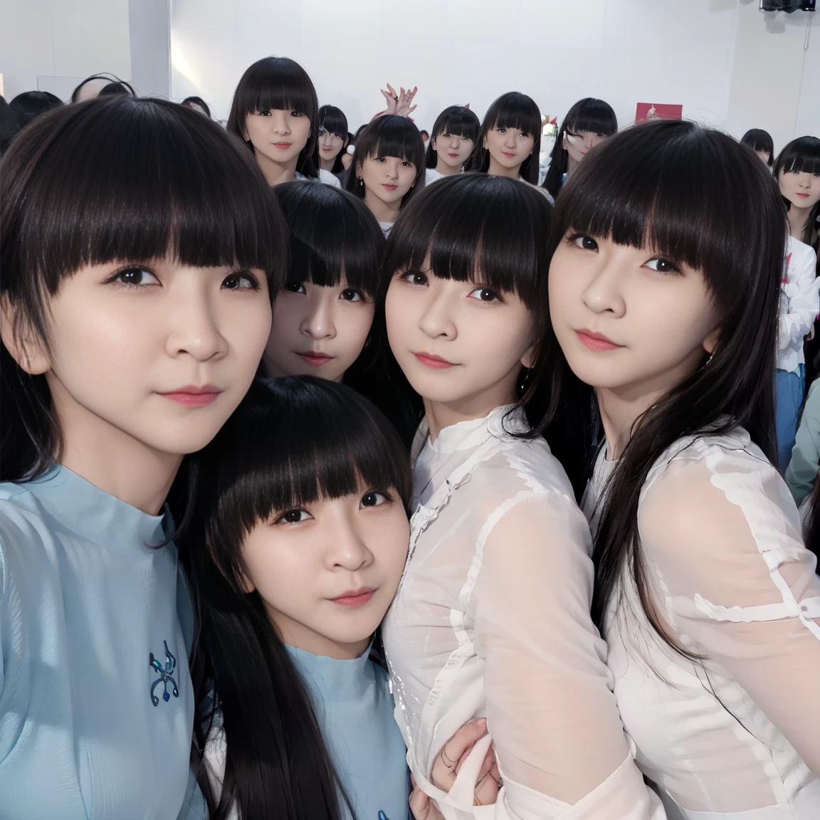 a picture、(((multiple girls))),((((6+girls)))),((((100girls)))),(((1000girls)))、((((100 Girls))))、(((crowd shot))),Women only、The same face、matching school uniform、************、Long black hair、100 cute girls、ssmile、Selfie stick、‎Classroom、Raw photo、(((Large group)))、a junior high school student,during daytime