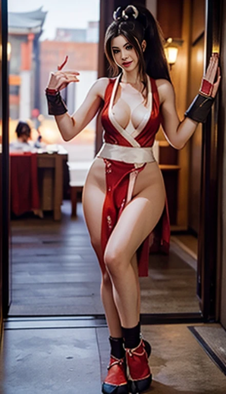 mai shiranui, Brown eyes, The whole body is reflected,Toes are visible, Standing, Full body, Prestige, Long hair, Brown hair, White ribbon, Sleeveless, poneyTail, sash, pelvis curtain, arm guards, mitts, tabi, fascinated expression, Sexy eyes, medium breasts, Smile, Cute, view the viewer, Long hair, Close to Japan temple, (breasts focus:1.2), (Realistic:1.2), (Full Shot: 1.2), (Realism), (masutepiece:1.2), (Best Quality), (ultra-detailliert), (8K, 4K, Convoluted), (85 mm), light Particle, Lighting, (Highly detailed:1.2), (Detailed face:1.2), (gradients), SFV, Colorful, (Detailed eyes:1.2), (Detailed temples of Japan: 1.2),(Detailed background), (Dynamic Angle:1.2), (Dynamic Pose:1.2), (Line of action:1.2), Wide Shot, Daylight, Solo.