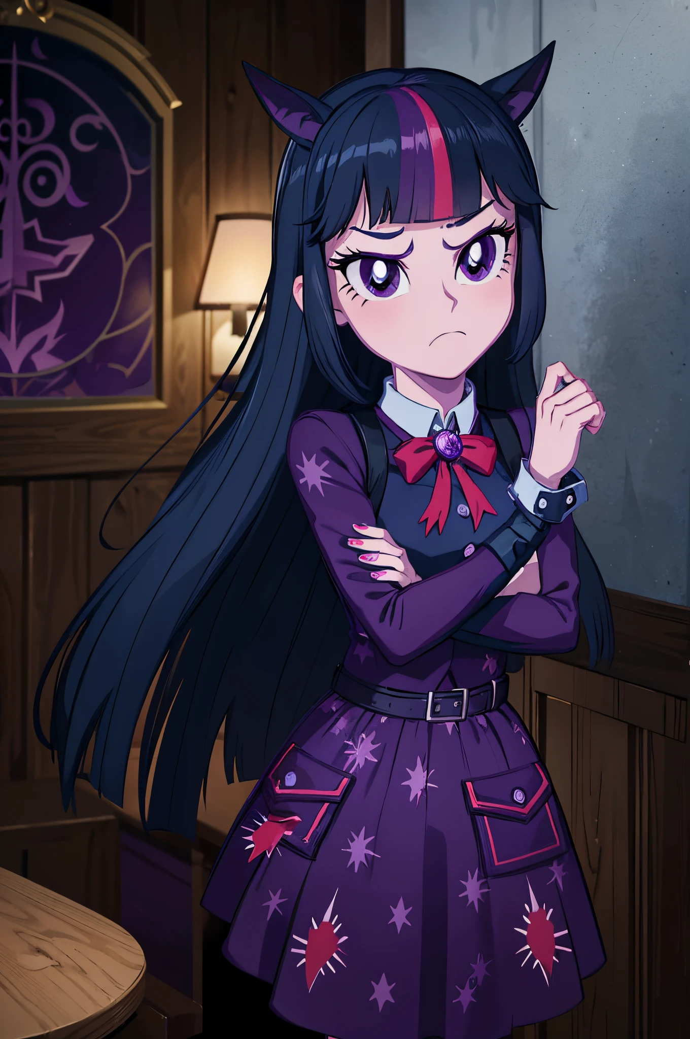 a close up of a cartoon girl with a pony in a room, dark cool twilight, cool twilight, twilight sparkle, but a stern look about her, equestria, fim still, nefarious smirk, dreamcore looking, twilight ray, nighttime!, frowning, slightly smirking, dark night stormcloud, she has tired eyes, anime style”