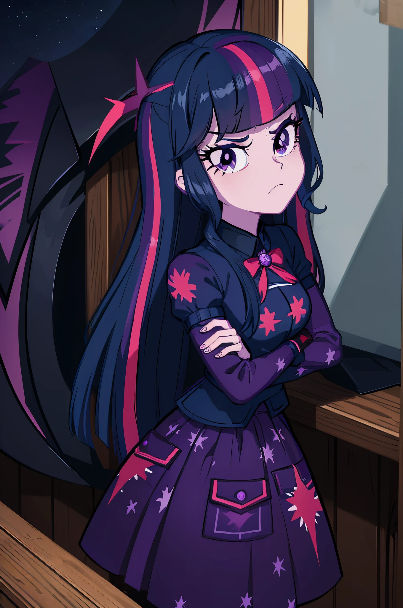 a close up of a cartoon girl with a pony in a room, dark cool twilight, cool twilight, twilight sparkle, but a stern look about her, equestria, fim still, nefarious smirk, dreamcore looking, twilight ray, nighttime!, frowning, slightly smirking, dark night stormcloud, she has tired eyes, anime style”