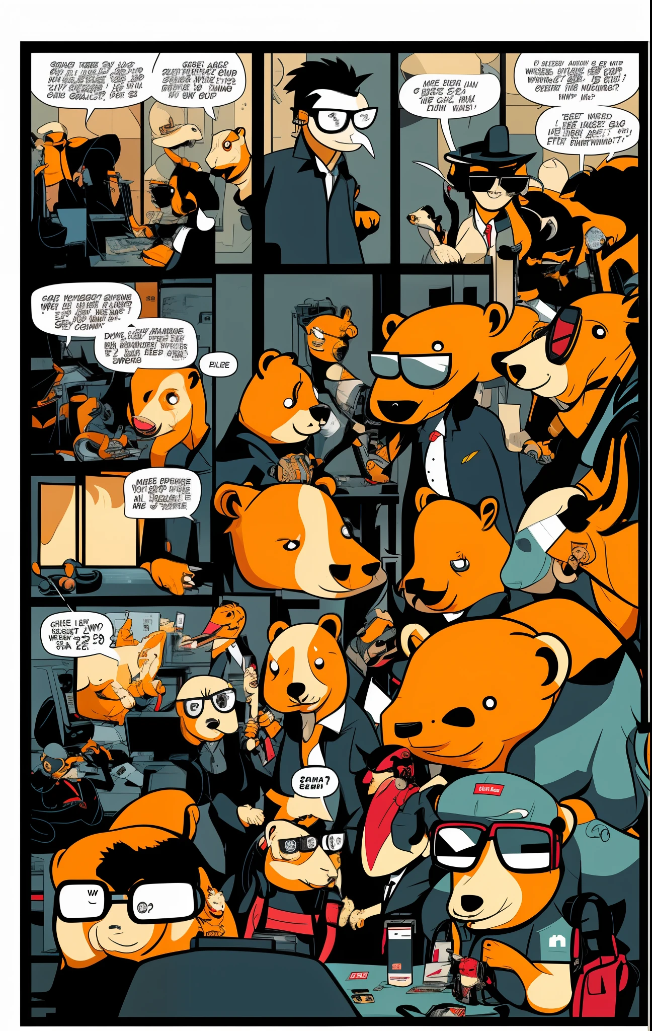 Group picture in an office in comic style. Die gruppe besteht aus folgenden portagonisten.Weasel with leaf blower. Rhinoceros slamming the door. Ein zebra das exchange sagt. A meerkat that asks where is my son? A bear with sunglasses and a backwards cap smoking a cigarette and saying that means nothing to me