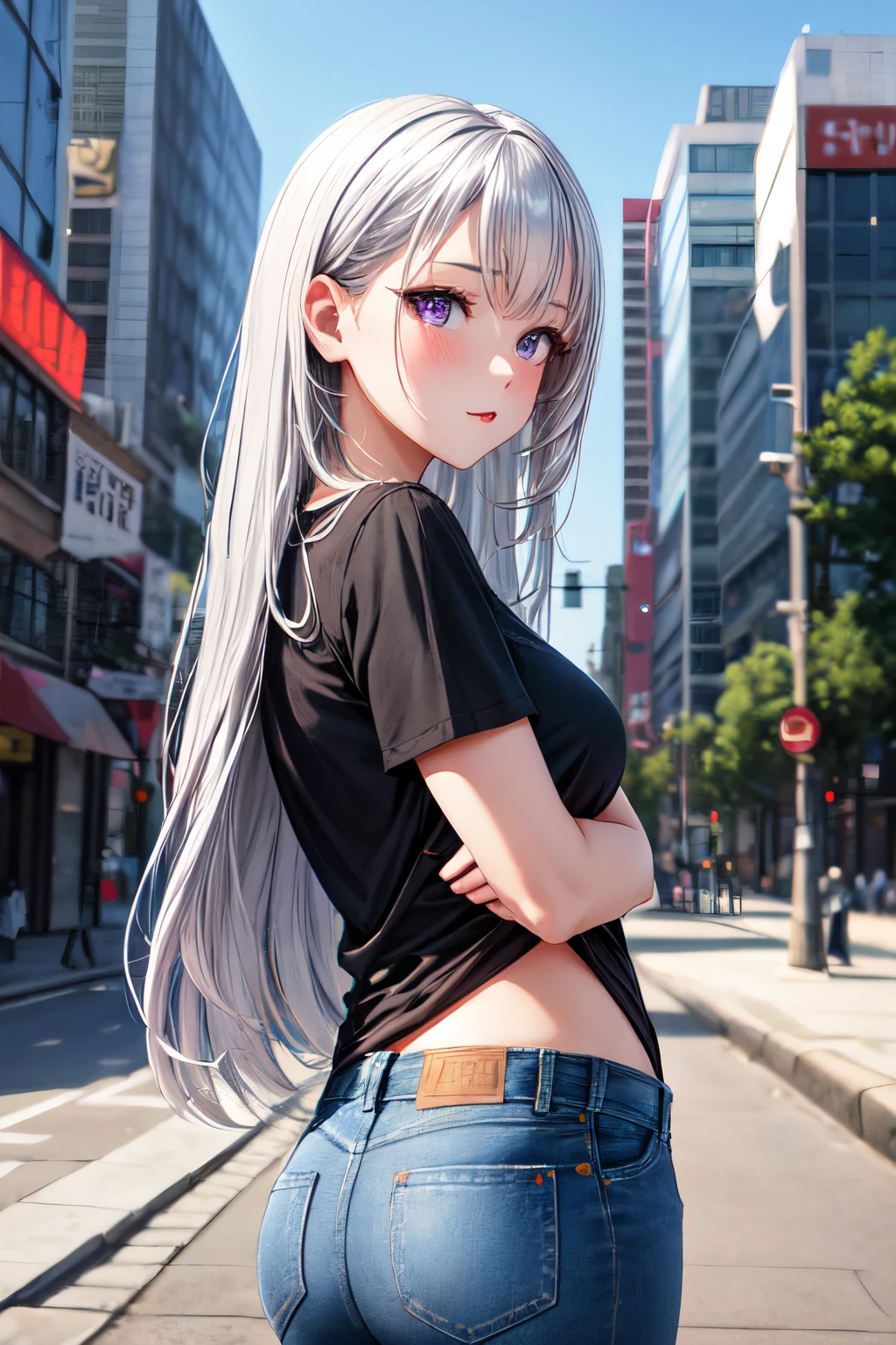 1girl, long silver hair, purple eyes, wearing plain black shirt, denim short, city, absurders, high res, Super sexy, super cute, 8k, masterpiece, looking at viewers,