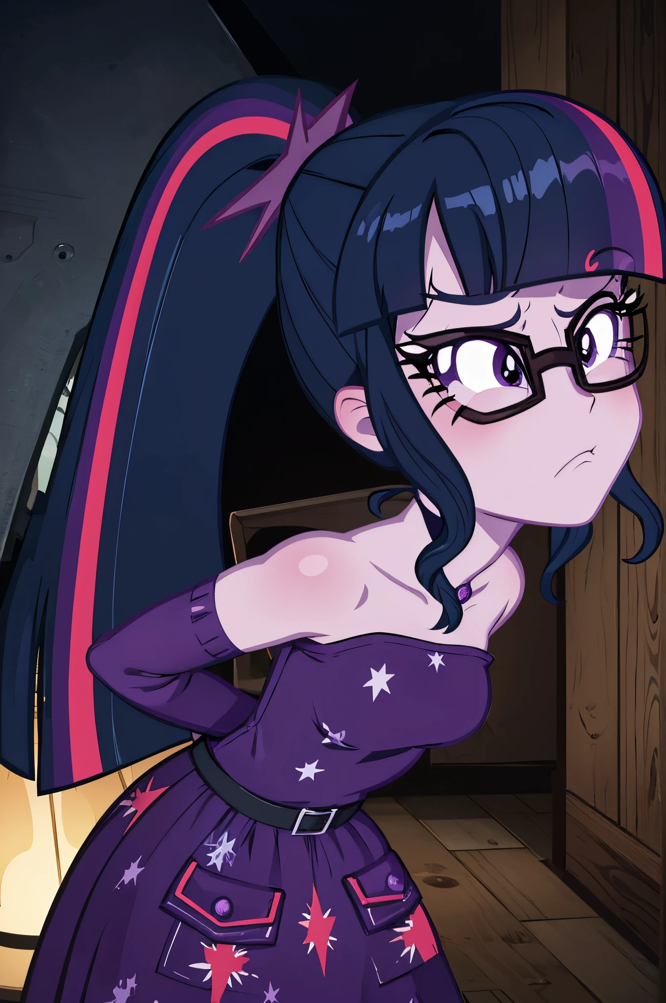 a close up of a cartoon girl with a pony in a room, dark cool twilight, cool twilight, twilight sparkle, but a stern look about her, equestria, fim still, nefarious smirk, dreamcore looking, twilight ray, nighttime!, frowning, slightly smirking, dark night stormcloud, she has tired eyes, anime style”