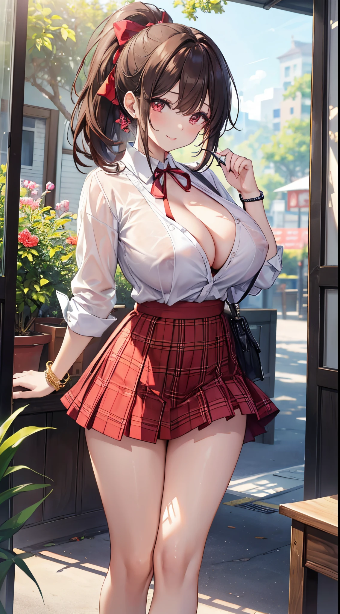 NSFW, 8k, top-quality, ​masterpiece, 超A high resolution, film grains, ((maikurobikini)).filmg, 1girl in, looking at the viewers, natural skin textures, realistic eyes and face details, Full lips, lipsticks, (makeup), Red Eye Shadow, Fluffy ponytail hair, hair messy, A smile, Beautiful legs, Tall lady, skiny, slim_Legs, 独奏, huge-breasted, cleavage of the breast, Ultra short skirt, buttock, The shirt, Beautiful natural places, Around the position of the flower, (细致背景), plaid skirts,Skimpy white shirt, huge-breasted, cleavage of the breast, lowfers, blurry backround, Plaid, shortsleeves, JK ribbon on neck, JK Ribbon, brown haired, A bracelet, Eau, bangss, 校服, jewely, cparted lips, pleatedskirt, depth of fields