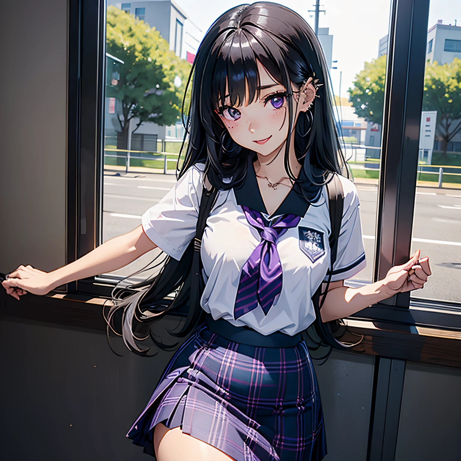 Young girl, black hair, assymetric hair, symetric bangs,japanese student outfit, dark green plaid skirt, nose and ear piercings, purple highlights in hair, bulging eyes, happy expression, in one school, japanese school, 4k, masterpiece, Anime, HD,