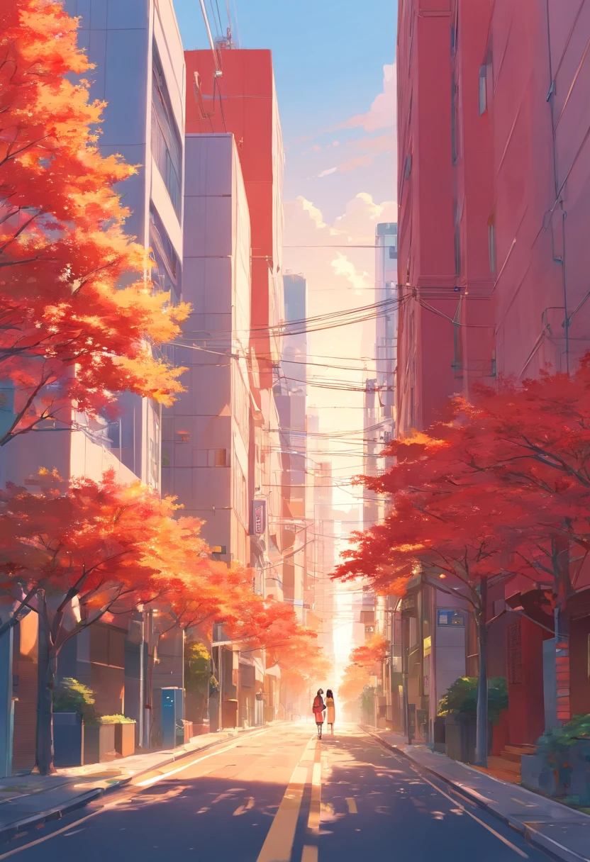 HighestQuali,Ultra-clear details,red buildings,There is a road in the middle,The vista is of golden trees,Bright colors,white backgrounid,Flat style