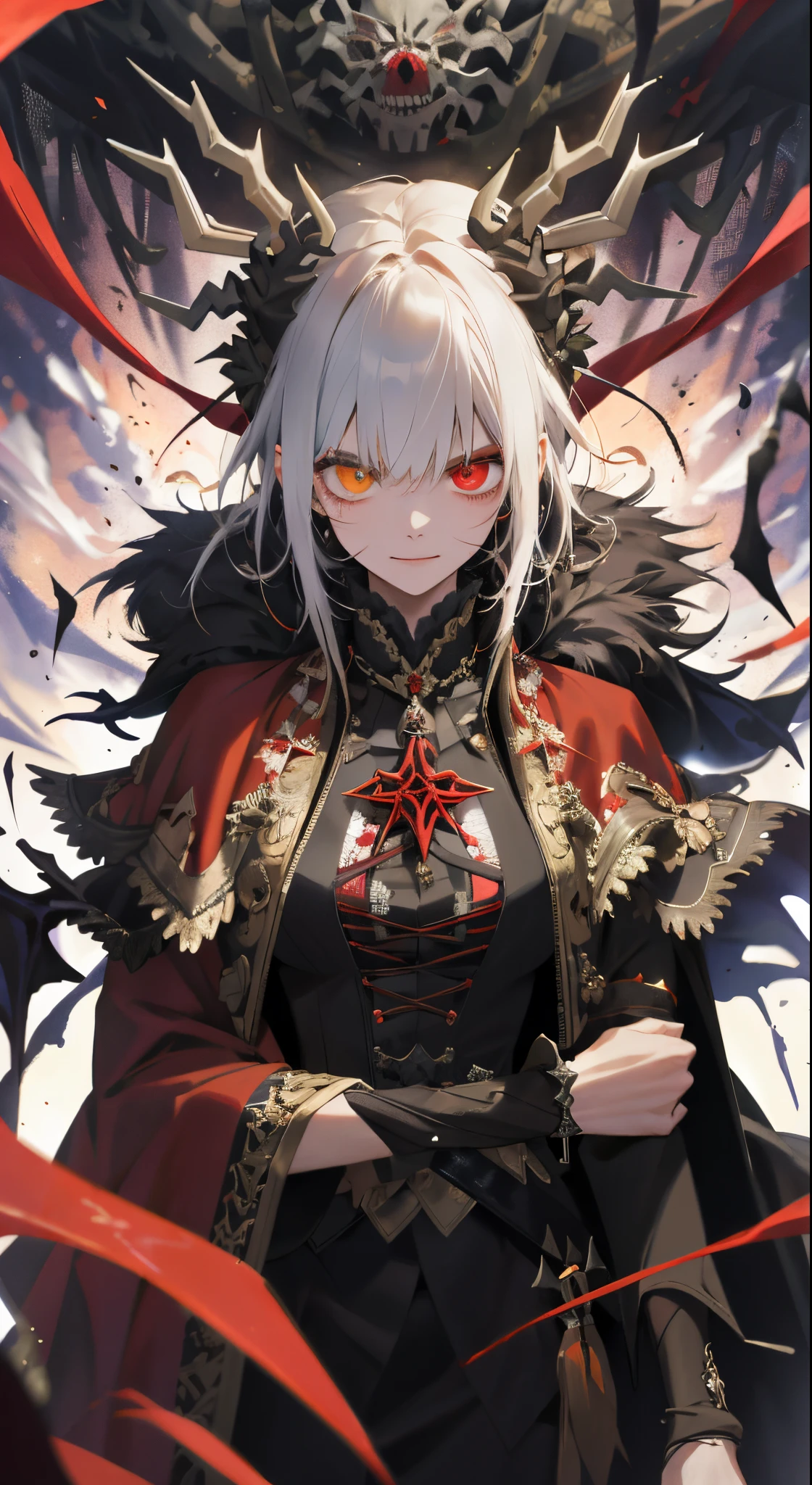 (Huang Li, A high resolution, ultra - detailed), 1 busty girl, 独奏, extremely detailed eye, Colorful, highest details, (Style swirl magic: 0.8), (Skeleton Undead:0.6), pale-skinned, sporty attire, (bloody scars:0.7), head looking up, 独奏, half shot, dynamicposes, detailedbackground, evilsmile, succubi, The demons, flowing makeup, Red Cloud, Fighting posture, dressing gown, Cape Satan, dark cave, Sinister atmosphere, gothic theme, Messenger of false light, arachne, spiderwebs, Dark magic, decadent, Evil energy radiates, Dark magical colors frozen in waves in the air, 锁链, waxy candles, evil symbols, Striped hair, black hair color hair, messy hair, bandage on, Heterochromia, red eyes, evilsmile, arachne, spiderwebs, Spider eggs, hyper HD, retinas, tmasterpiece, Acura, Anatomically correct, ctextured skin, Best quality, A high resolution, super detailing, high detal, high high quality, Award-Awarded, A high resolution, 8K