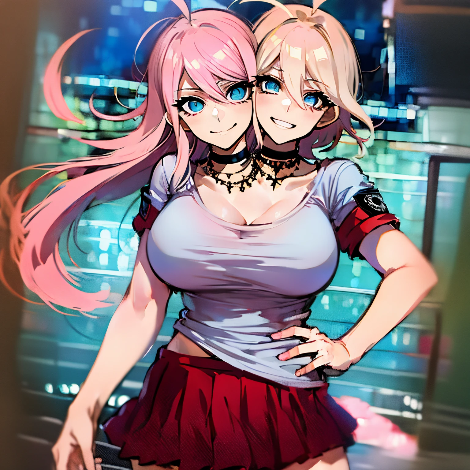 (masterpiece, best quality), best resolution, (2heads:1.5), 1girl, adult, perfect anatomy, 1girl, perfect face, expressive eyes, perfect eyes, large bust, large breasts, long hair, slim body, miuiruma, miu iruma, ahoge, pink hair, blue eyes, long hair, BREAK, choker, graphic t-shirt, skirt, BREAK looking at viewer,