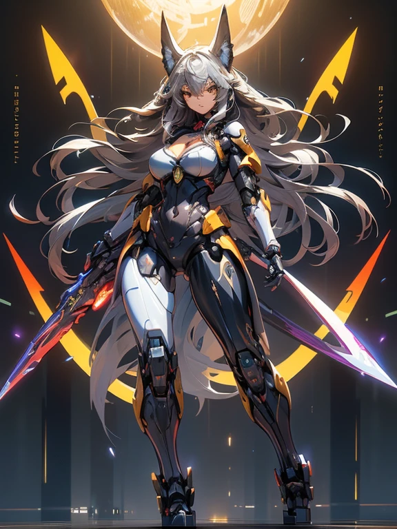 (masterpiece), (best quality:1.4), (perfect anatomy:1.4), high quality, expressive eyes, full body, tall girl, detailed face, beautiful face, perfect face, breasts, cleavage, gloves, huge breasts, cyberpunk, (black armor), long hair, ((tanned skin)), straight hair, detailed (ash gray hair), detailed eyes, (yellow eyes), fox ears, fox tail, hourglass physique, bodysuit, thick thighs, toned, emblem, superhero, dynamic lighting, 4k resolution, dynamic pose, cover, mecha musume, fortified suit, mechanical parts, headgear, robot joints, bodysuit, deva battle suit, glove