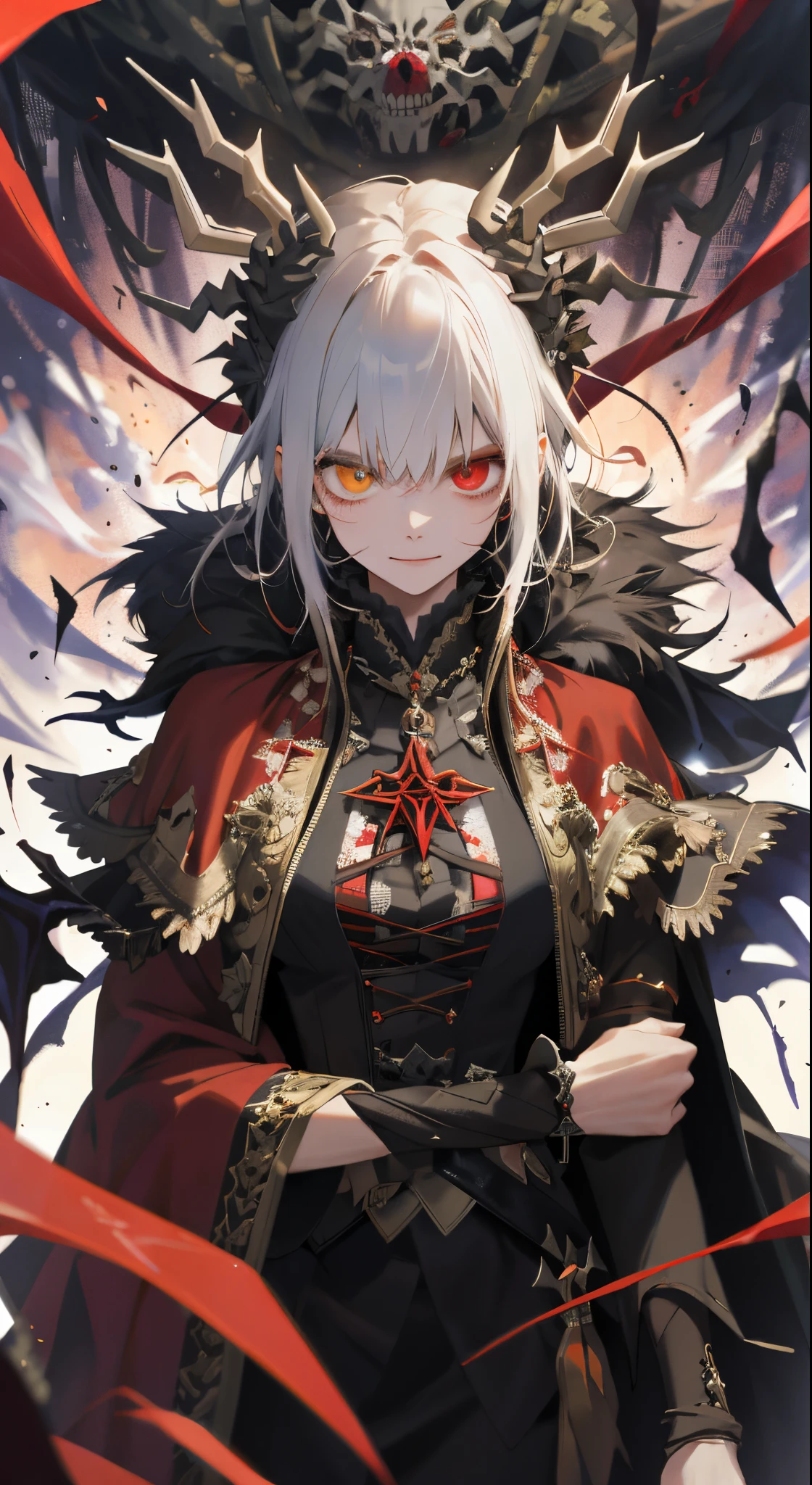 (Huang Li, A high resolution, ultra - detailed), 1 busty girl, 独奏, extremely detailed eye, Colorful, highest details, (Style swirl magic: 0.8), (Skeleton Undead:0.6), pale-skinned, sporty attire, (bloody scars:0.7), head looking up, 独奏, half shot, dynamicposes, detailedbackground, evilsmile, succubi, The demons, flowing makeup, Red Cloud, Fighting posture, dressing gown, Cape Satan, dark cave, Sinister atmosphere, gothic theme, Messenger of false light, arachne, spiderwebs, Dark magic, decadent, Evil energy radiates, Dark magical colors frozen in waves in the air, 锁链, waxy candles, evil symbols, Striped hair, black hair color hair, messy hair, bandage on, Heterochromia, red eyes, evilsmile, arachne, spiderwebs, Spider eggs, hyper HD, retinas, tmasterpiece, Acura, Anatomically correct, ctextured skin, Best quality, A high resolution, super detailing, high detal, high high quality, Award-Awarded, A high resolution, 8K