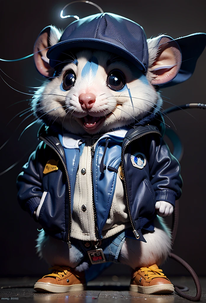 wearing blue jacket、Araf wearing hat standing with hands in pockets, lovely digital painting, Cute and detailed digital art, Cute 3d rendering, Surreal 3D illustration, Wojtechfors, hyperreal rendering, adorable digital art, Realistic illustration, There's a mouse in the clothes, anthropomorphic gangster rat, MapleStory Mouse, cute cartoon character
