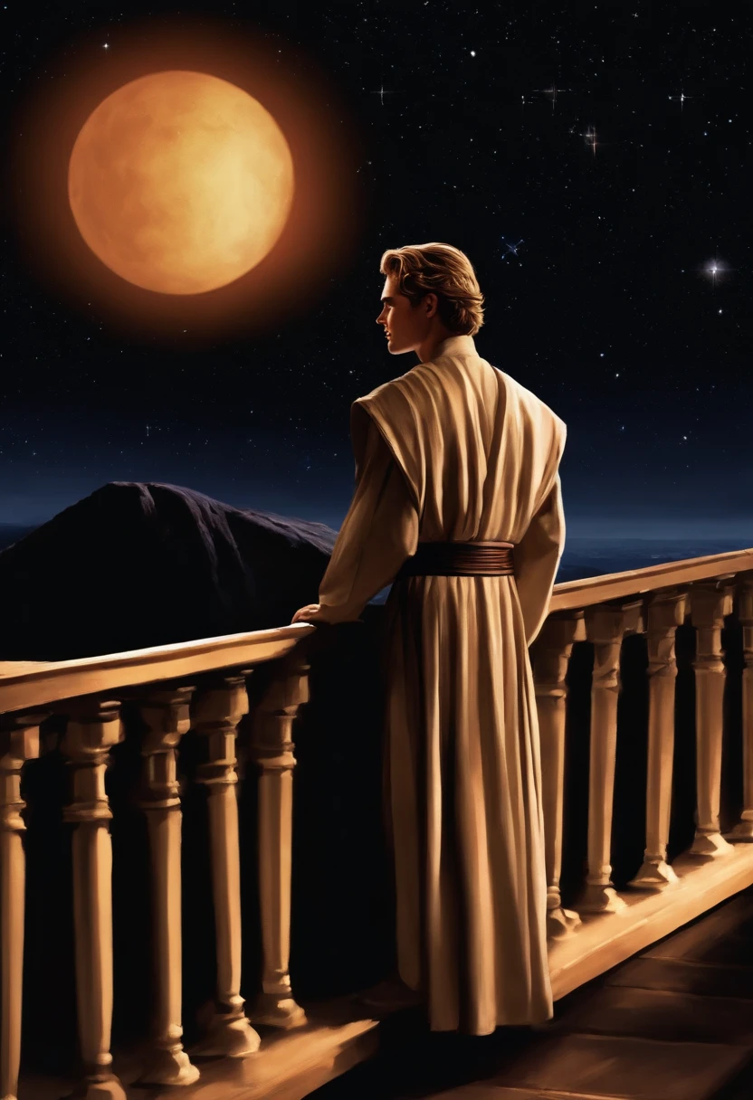 Anakin is standing on the balcony of his quarters, gazing out at the starry night sky and the distant planets twinkling in the darkness.,Star Wars: Episode II - Attack of the Clones,Anakin Skywalker