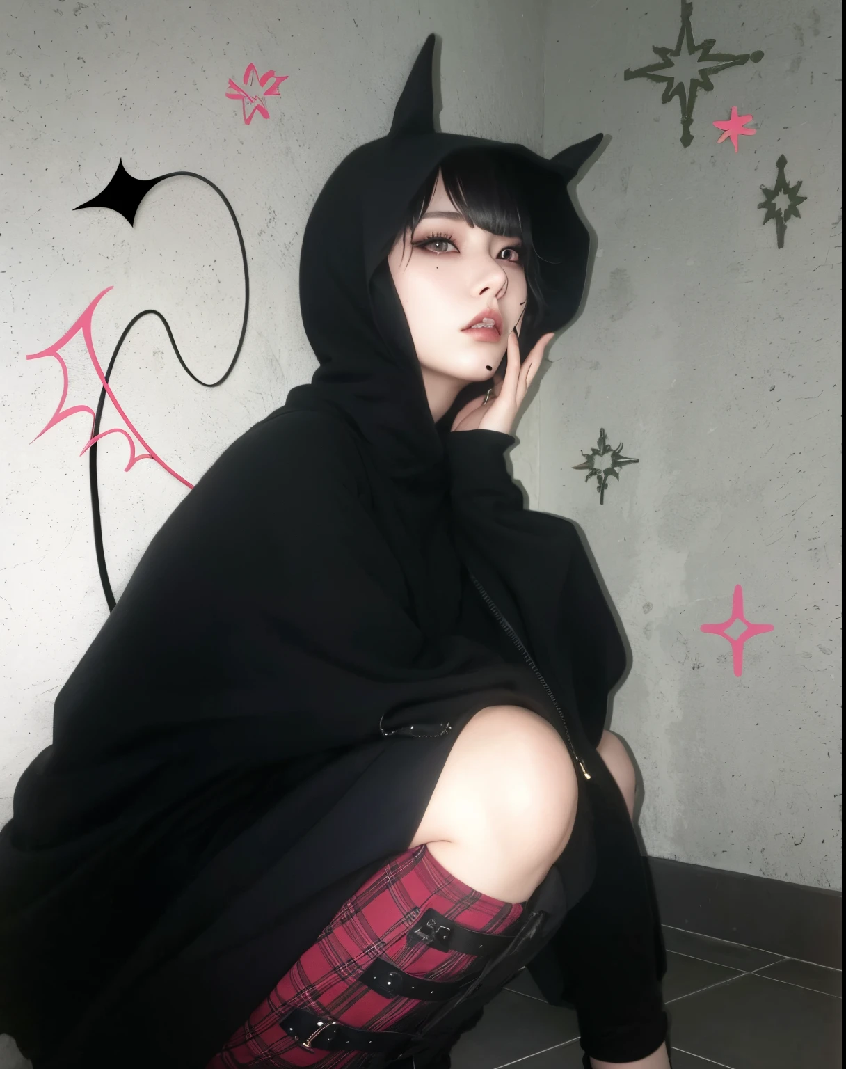 hay una mujer disfrazada de gato negro sentada en un inodoro, ulzzang, Kemonomimi, 1 7 - year - old anime goth girl, con capa, Gothic Hooded Dark Cape, Capa negra, Vestido con capa negra, E - Chica, e-chica, Bruja oscura de moda, Portrait of a Gothic Catgirl, Guweiz