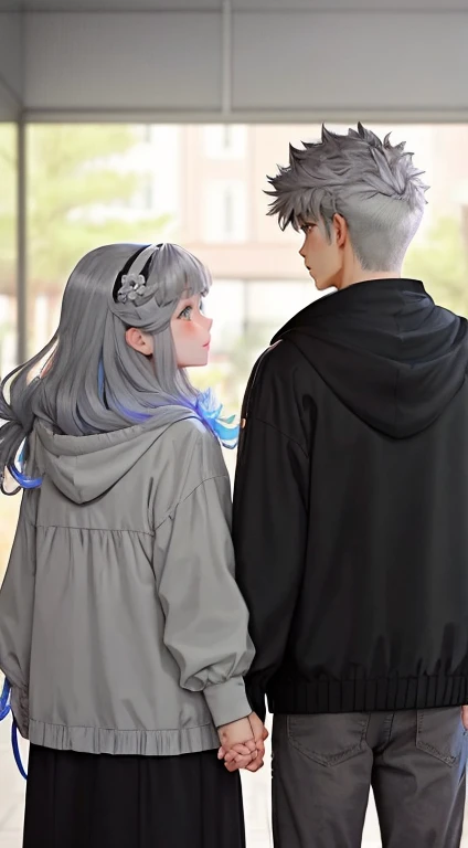 Two anime lovers looking at each other hand in hand girl hair color grey, boy hair color black with a bit of brown