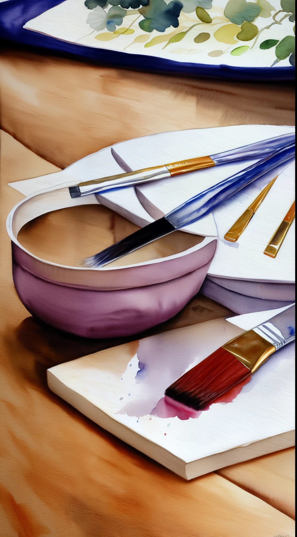 Art image, painting, three objects: watercolor box, big painter's brush, painting spatula, interesting composition, from very close
