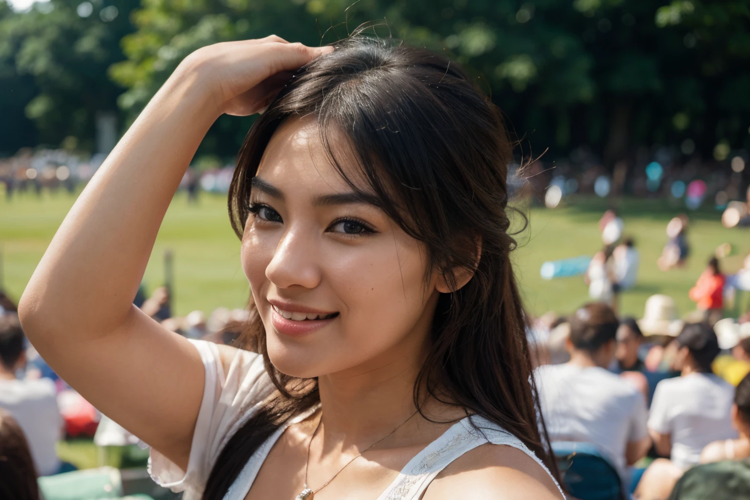 a hyper-realistic image of a beautiful and attractive Asian woman, in the middle of an outdoor concert, having fun, confident and smiling, Nikon, 8k, 100mm lens, F 1.2 aperture setting, bright and natural lighting, vibrant, relaxing atmosphere, hyperrealism, 64K, 3D Rendering, photorealistic, photography realistic, hyperrealistic, detailed, highly detailed, high resolution, hyper-detailed, HDR, UHD, landscape view