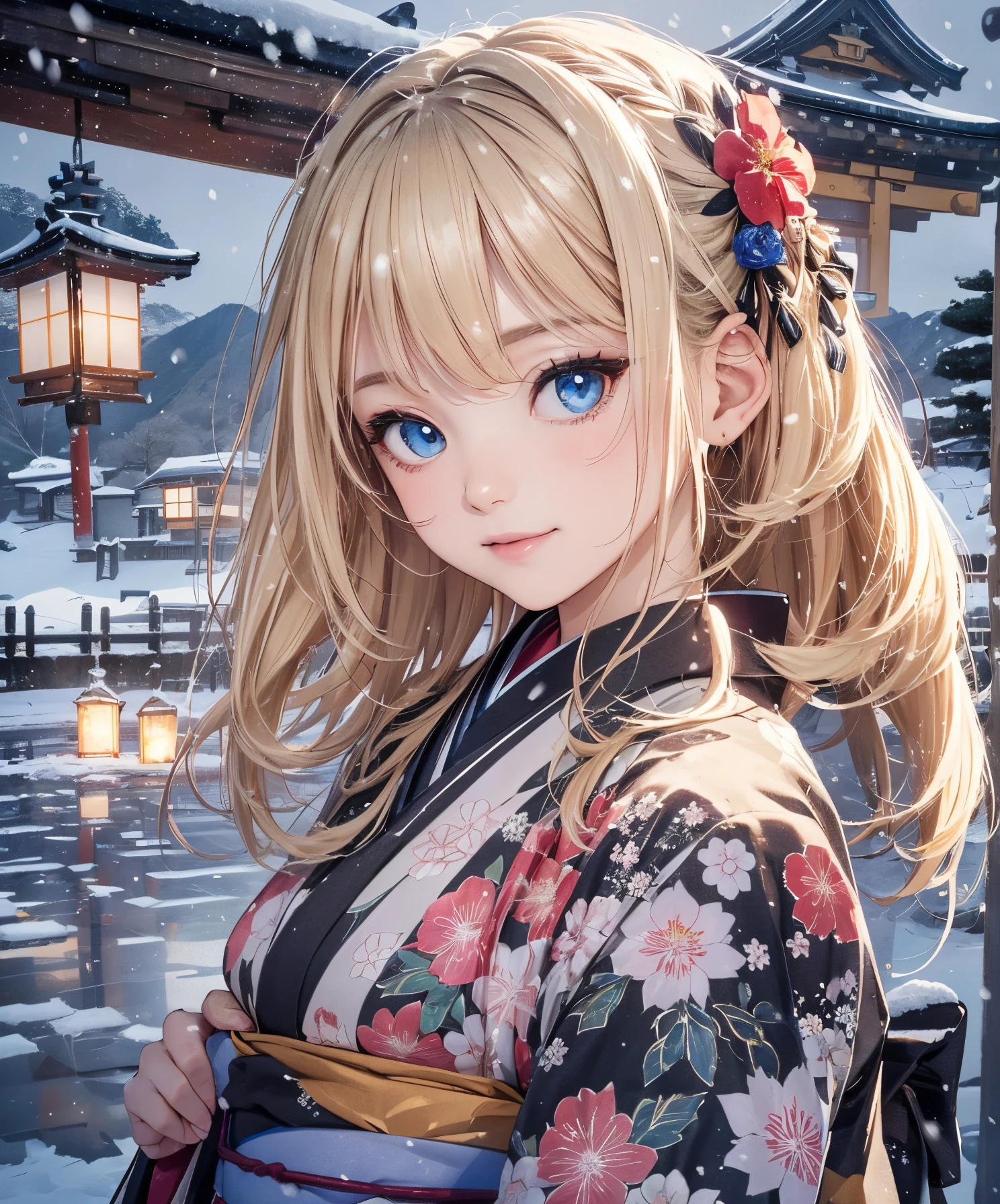(masterpiece),(top-quality:1.2),1girl in,(masuter piece:1.3),exquisitedetails, Highest quality 8K resolution,Vibrant colors, Warm and gentle lighting,(Black floral kimono:1.3),(Lots of lanterns),(Smooth straight blonde hair:1.4),(Hair parted in the middle:1.3),(Glowing hair),(Dark blue eyes:1.3),cute smile face,White skin, hair clips,Small necklace,(Kyoto in the snow:1.3)、