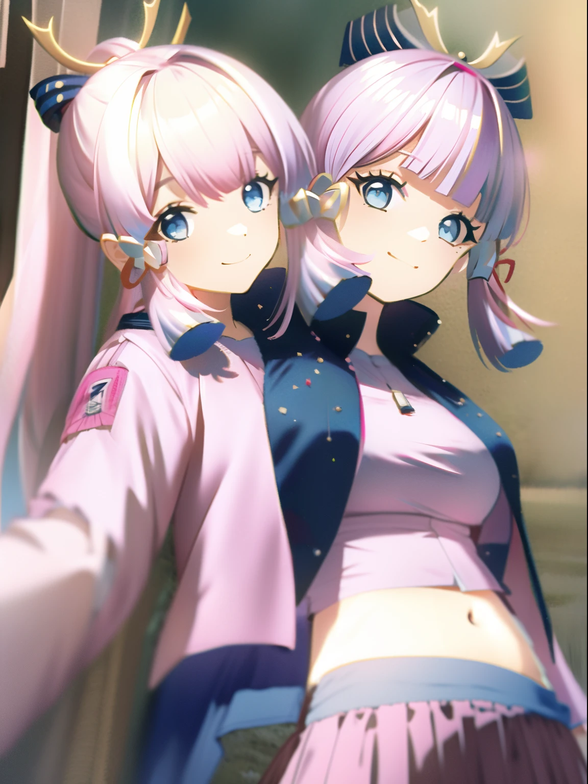 (masterpiece, best quality), best resolution, (2heads:1.5), 1girl, one head blue hair, other head pink hair, smiling, giggling, friendly, inviting, one head sagonomiya kokomi, other head kamisato ayaka, blue eyes, cube hair ornament, hair between eyes, hair ornament, blonde hair, one side up, long hair, BREAK black skirt, jacket, long sleeves, pants, pants under skirt, (pink jacket:1.5), pink pants, pleated skirt, skirt, track jacket, track pants, track suit, BREAK looking at viewer