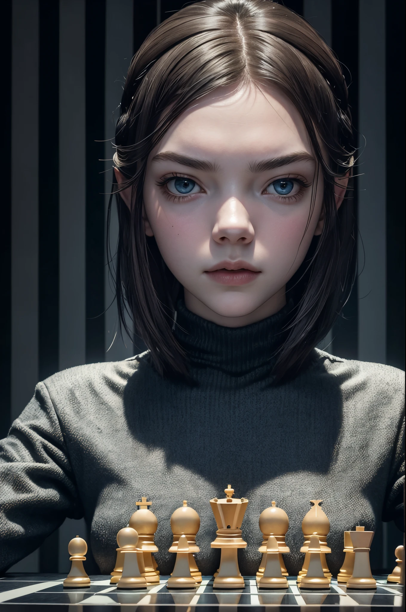 "Generate an AI image depicting Anya Taylor-Joy in the role of a chess player, showcasing her intensity and strategic thinking at the chessboard."