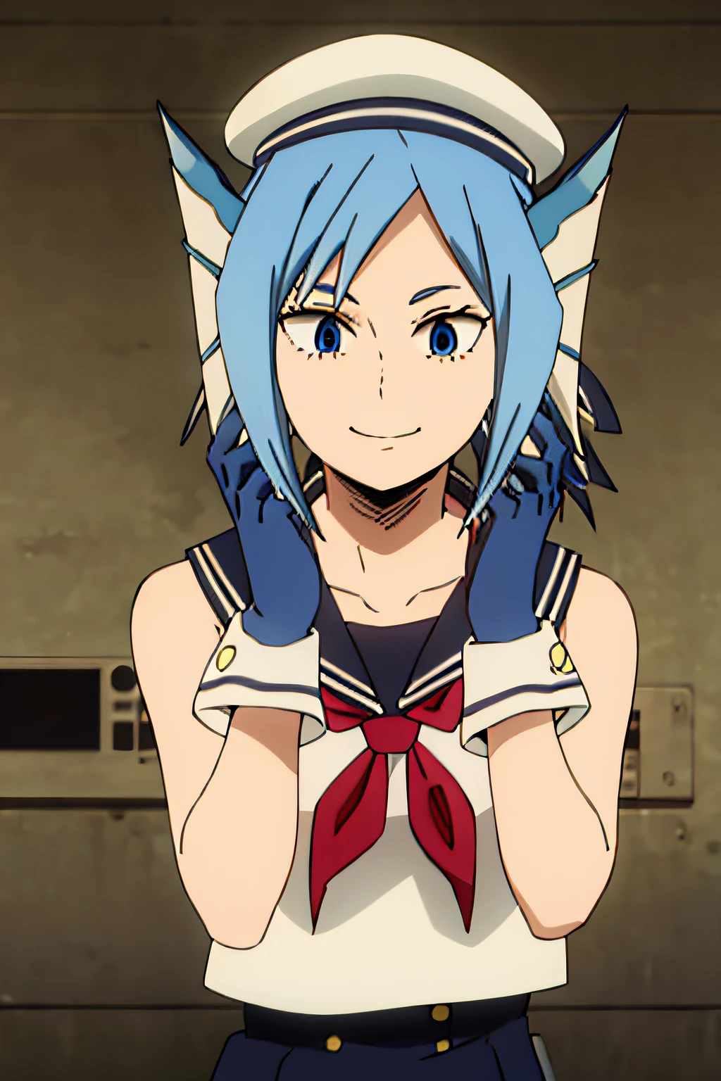 SIRIUS, SHORT HAIR, BLUE EYES, BLUE HAIR, HEAD FINS, SKIRT, SHIRT, GLOVES, HAT, WHITE SHIRT, SLEEVELESS, BLACK GLOVES, FINGERLESS GLOVES, BLACK SKIRT, SAILOR COLLAR, NECKERCHIEF, WRIST CUFFS, SLEEVELESS SHIRT, WHITE HEADWEAR, RED NECKERCHIEF, SAILOR HAT, 1girl, solo, upper body, facing viewer, looking at viewer, smile,