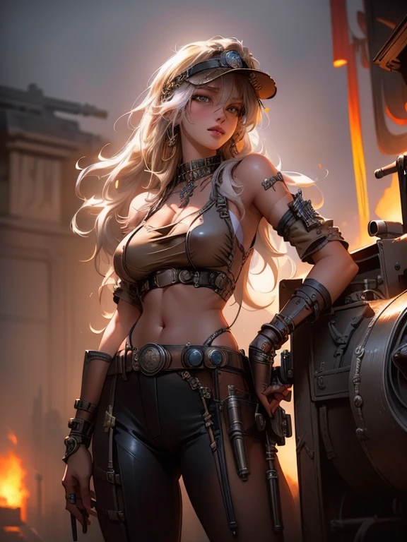 a blonde woman, with dieselpunk clothes, modelshoot style, (extremely detailed CG 8k wallpaper unit), photo of the most beautiful art in the world, majestic professional (photography by Steve McCurry), 8k uhd, dslr, soft lighting, high quality, film grain, Fujifilm XT3 sharp focus, f 5.6, high detail, sharp focus, dramatic, (wearing diselpunk clothing), (looking at the viewer:1.2),  (natural light), (seductive)