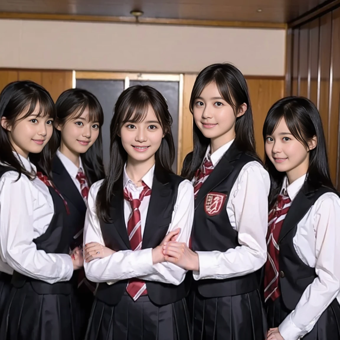 a picture、(((multiple girls))),((((6+girls)))),((((100girls)))),(((1000girls)))、((((100 Girls))))、(((crowd shot))),Women only、The same face、matching school uniform、12 years old、Long black hair、100 cute girls、ssmile、Selfie stick、‎Classroom、Raw photo、(((Large group)))、a junior high school student,during daytime